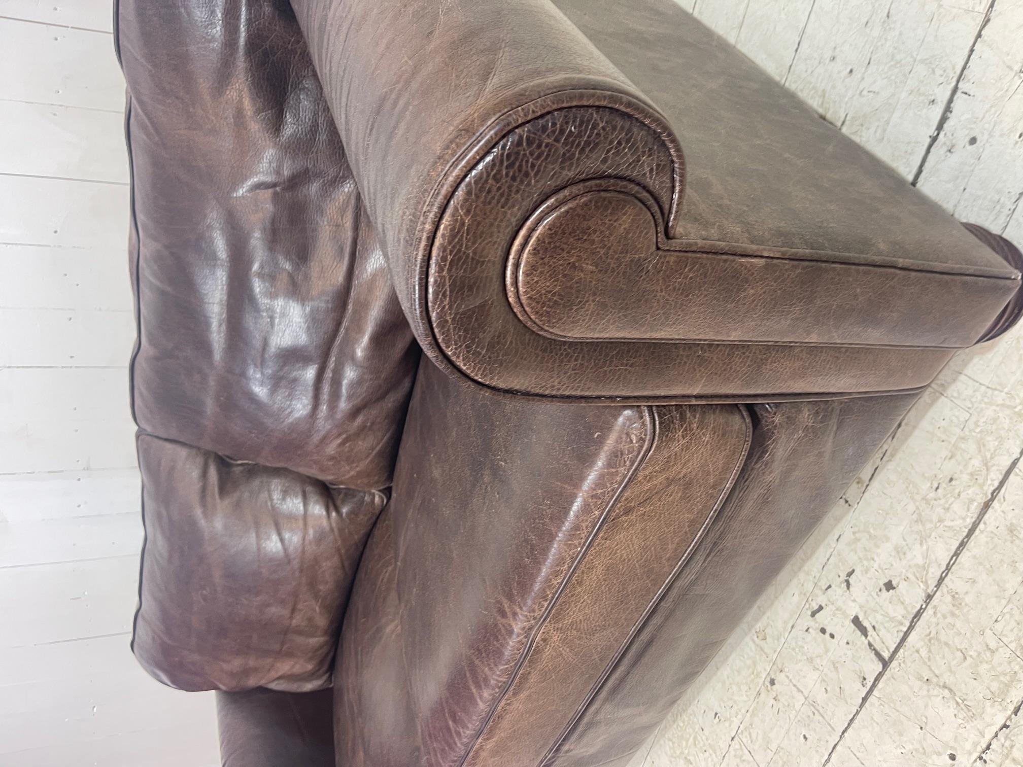 Large Retro Hotel Lounge Distressed Leather Sofa  For Sale 5