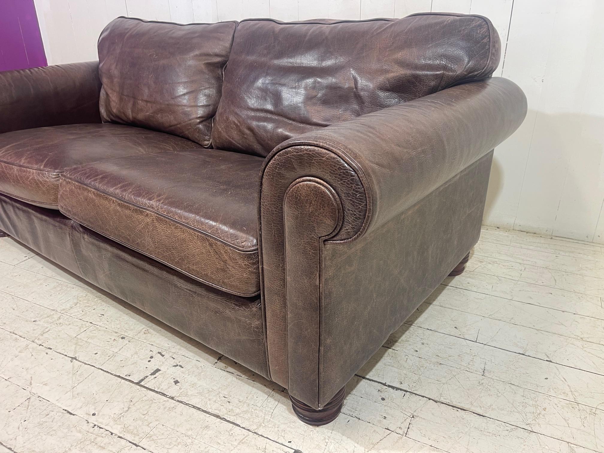 Art Deco Large Retro Hotel Lounge Distressed Leather Sofa  For Sale