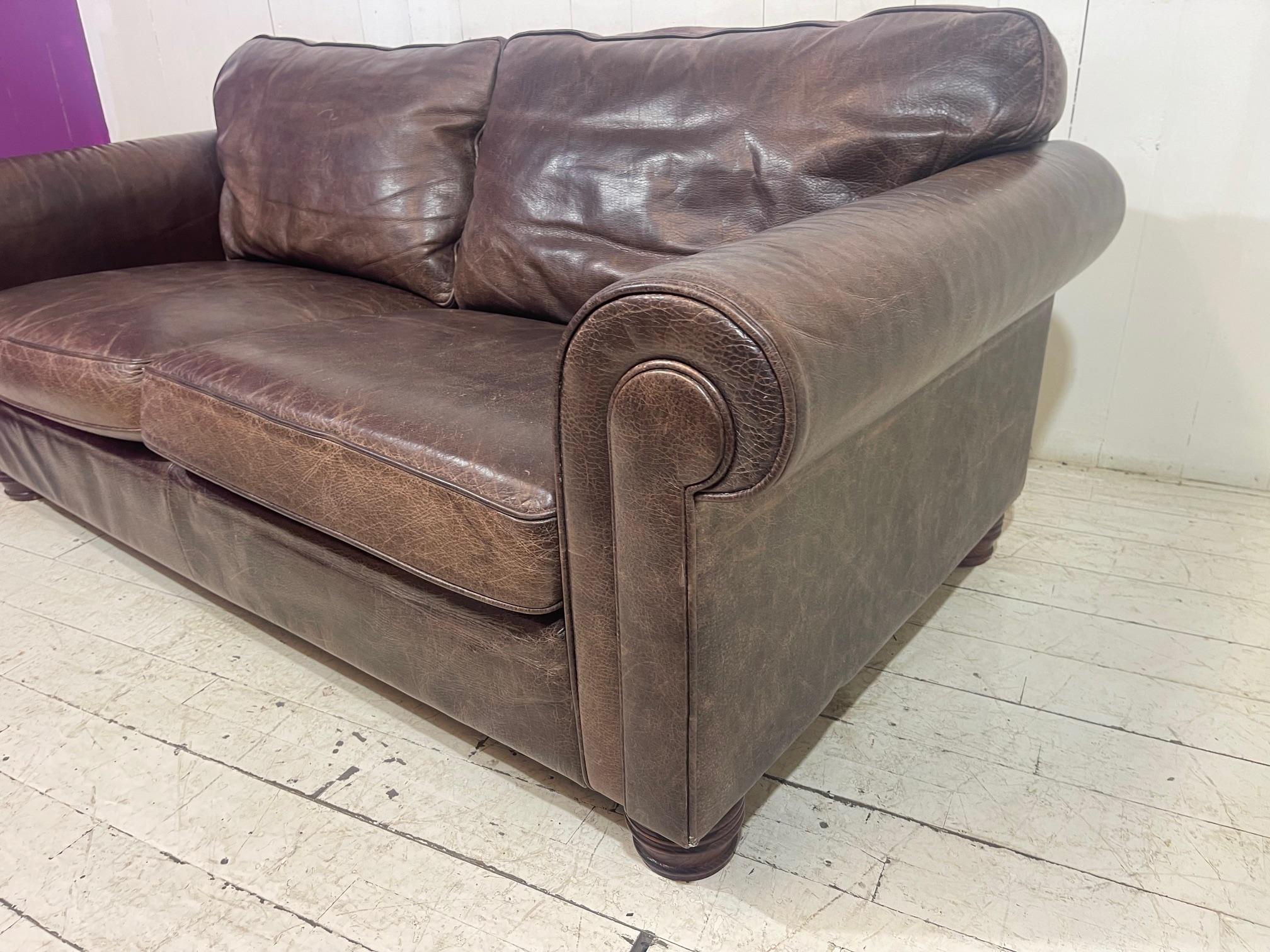 British Large Retro Hotel Lounge Distressed Leather Sofa  For Sale