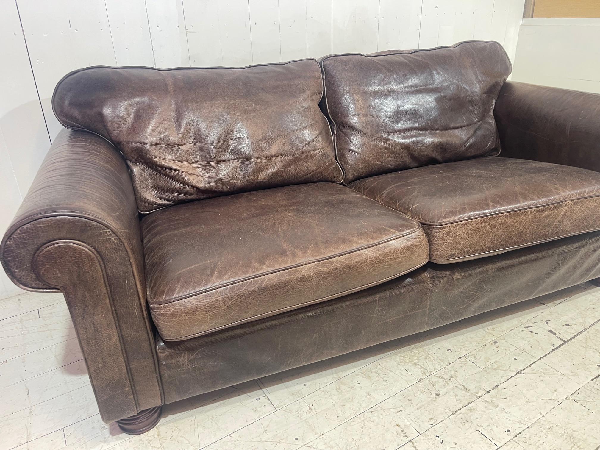 Large Retro Hotel Lounge Distressed Leather Sofa  For Sale 1