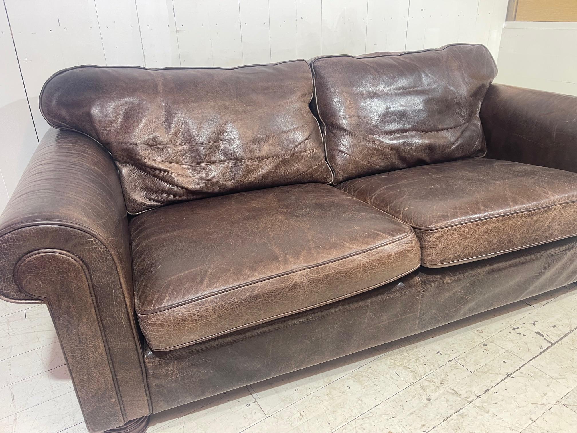 Large Retro Hotel Lounge Distressed Leather Sofa  For Sale 2