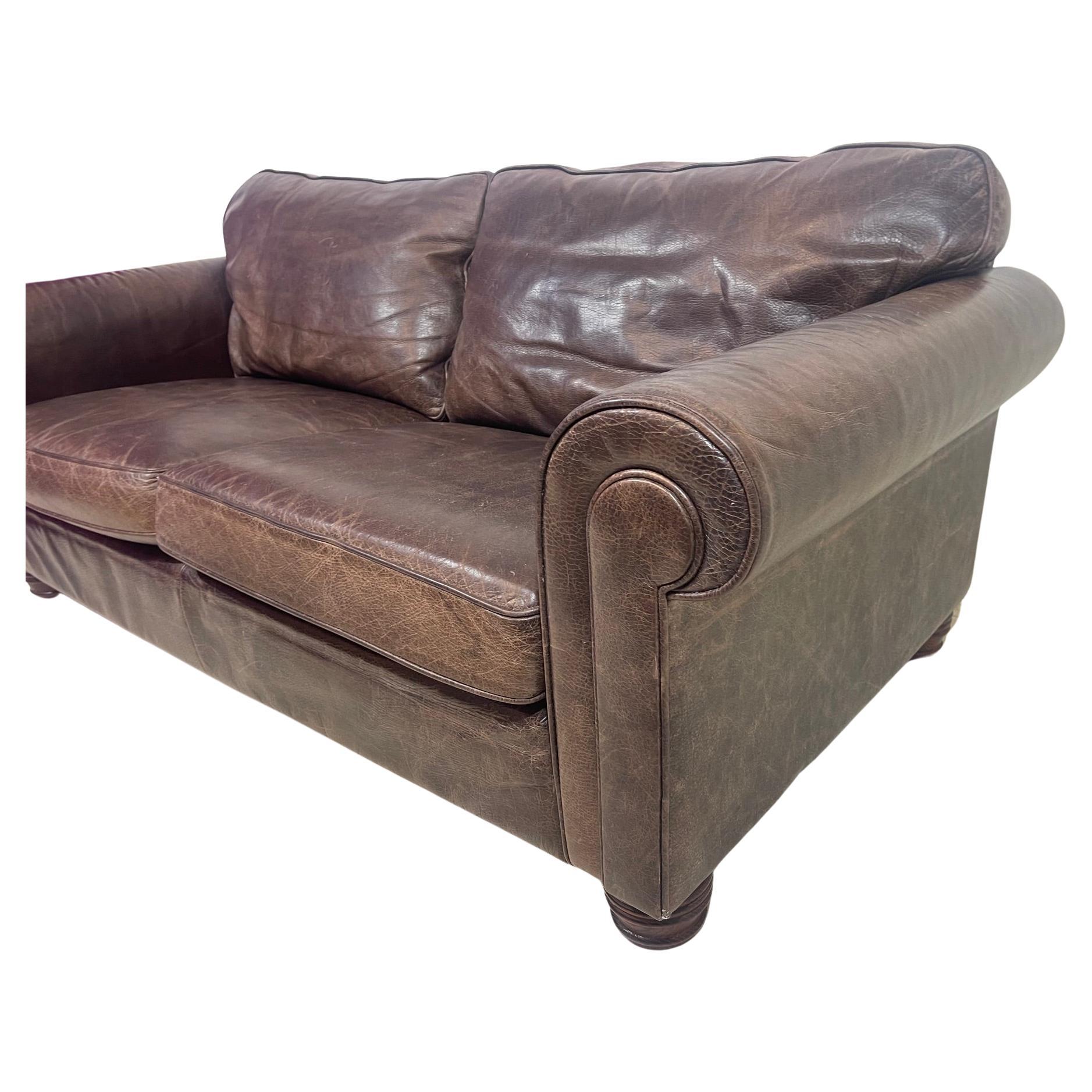 Large Retro Hotel Lounge Distressed Leather Sofa  For Sale