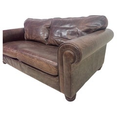 Large Vintage Hotel Lounge Distressed Leather Sofa 