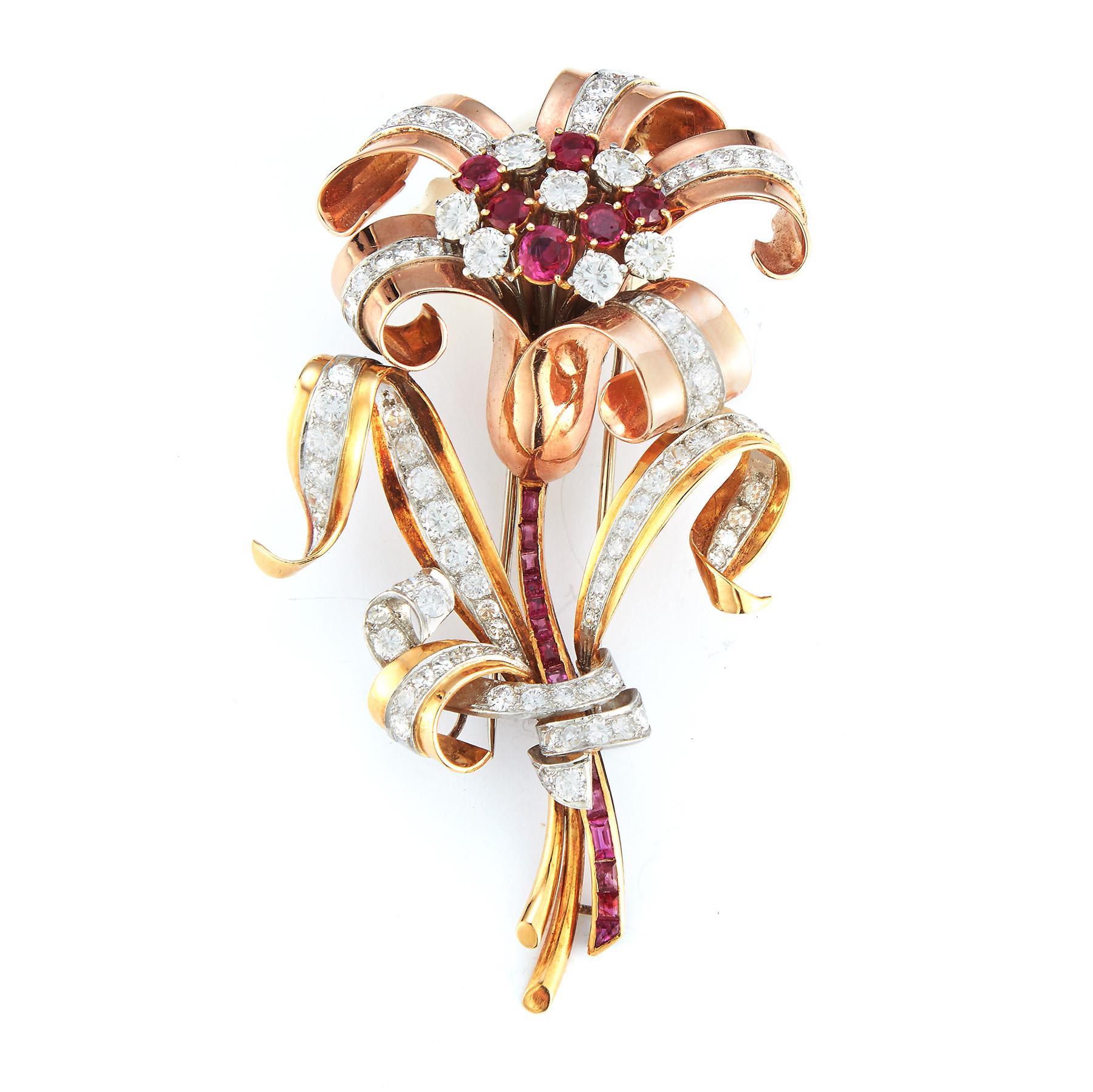 Large Retro Ruby and Diamond Flower Brooch. 1940's multi color rose & yellow gold brooch with round cut diamonds & rubies. 
approximately 10.00 cts of diamonds 

Measurements: 3.25