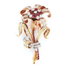 Gran Broche Retro Flor de Rubíes y Diamantes