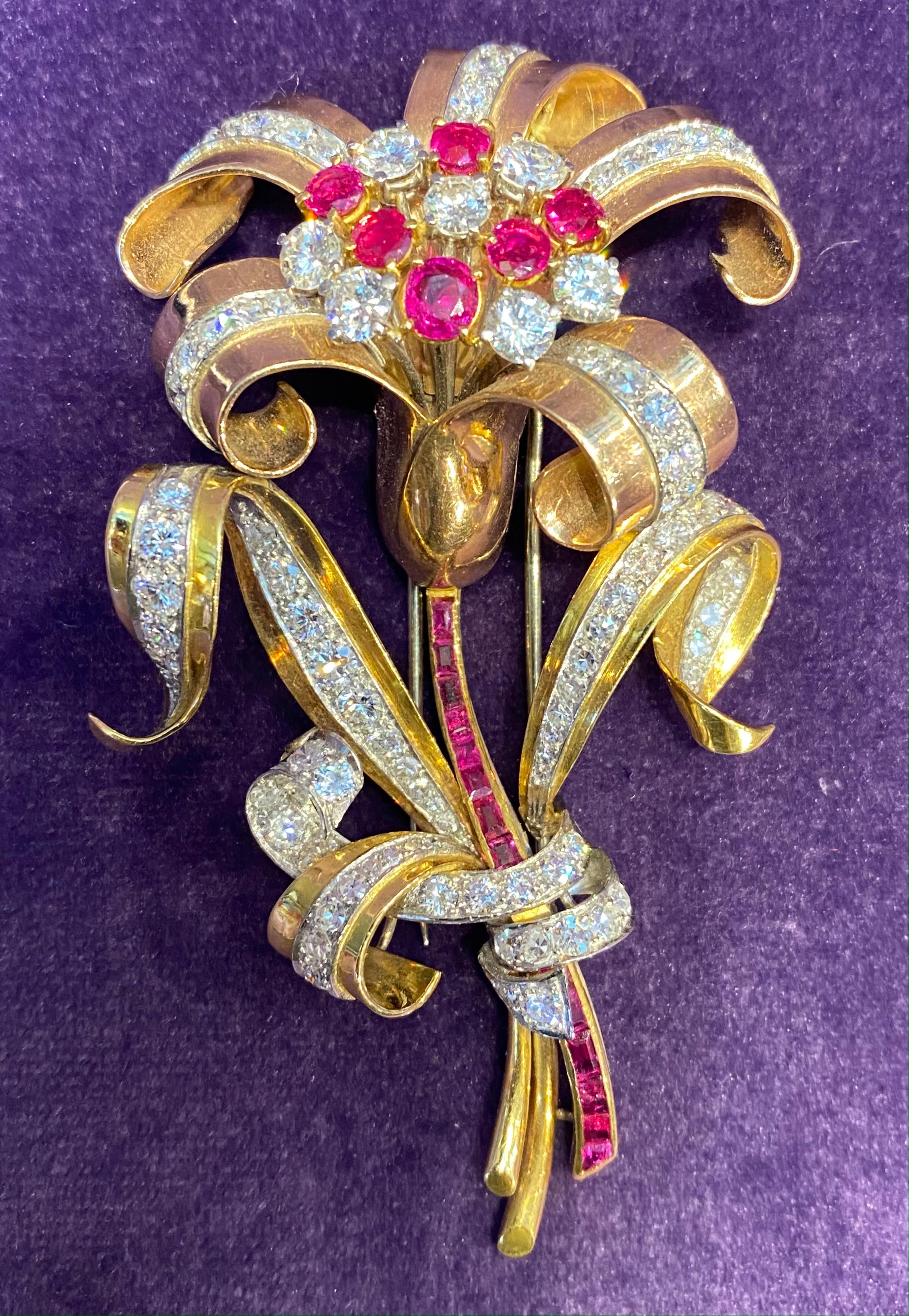 Large Retro Ruby And Diamond Flower Brooch - image 3