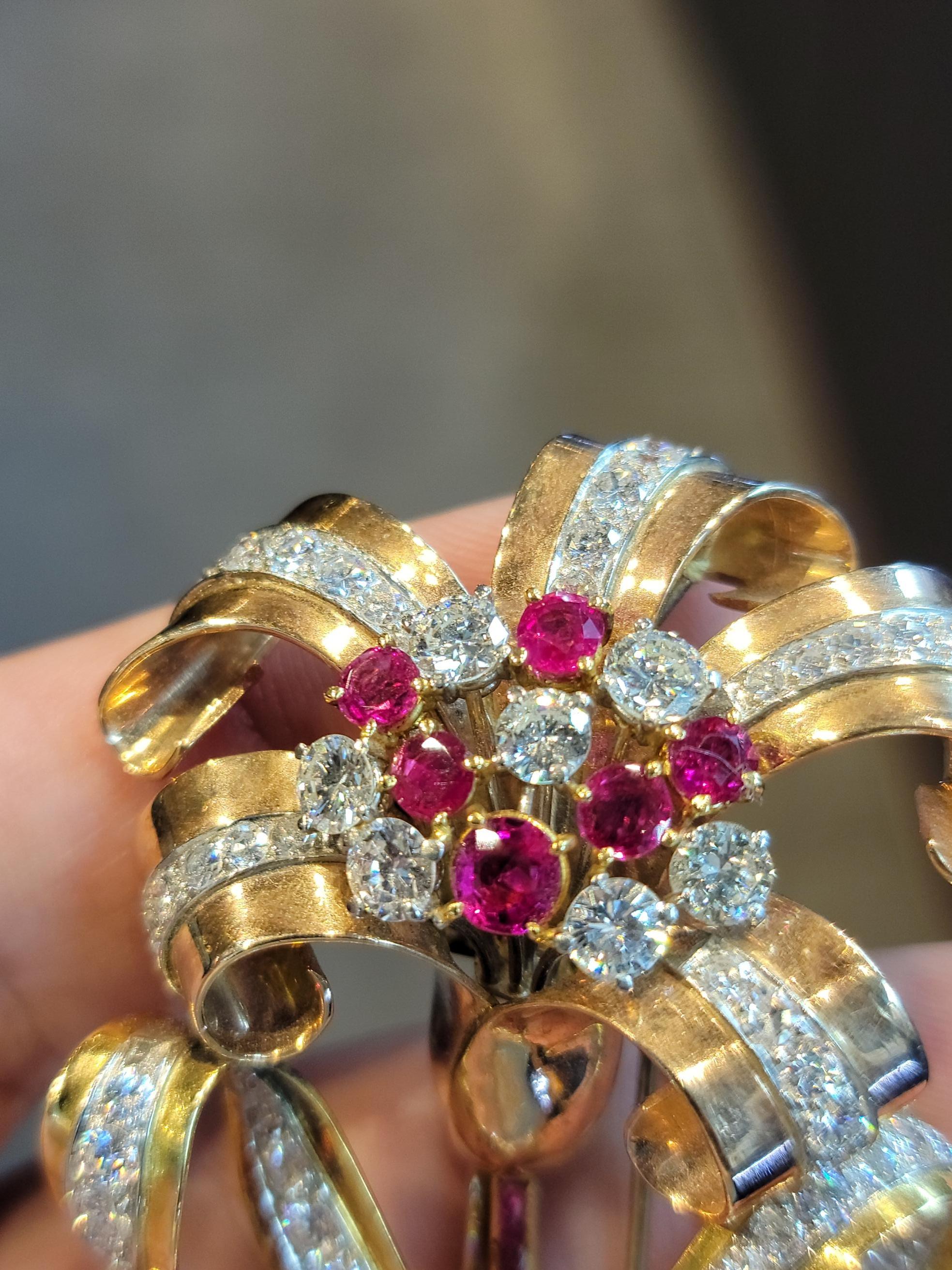 Large Retro Ruby and Diamond Flower Brooch For Sale 1