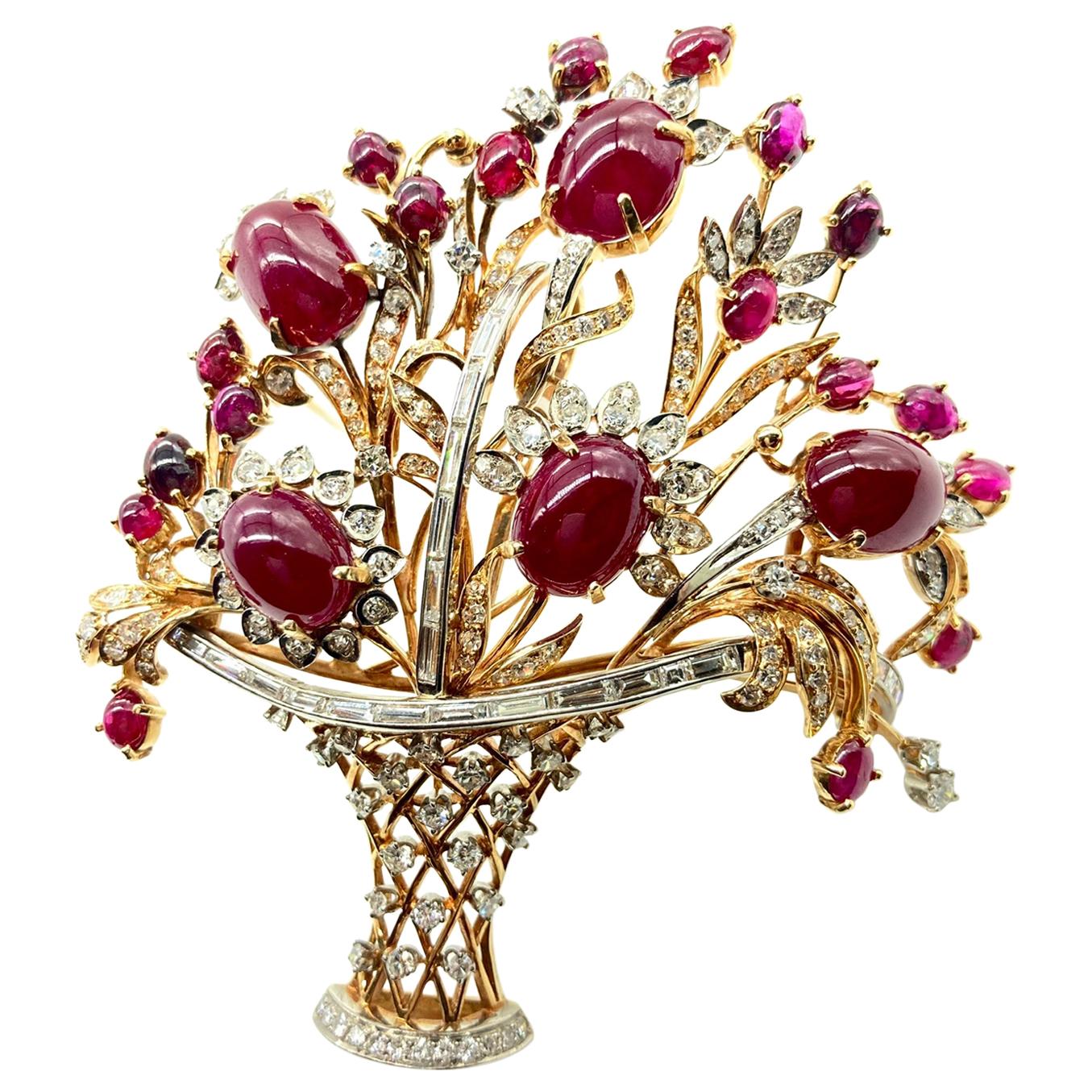 Large Retro Ruby and Diamond Giardinetti Flower Basket Statement Brooch