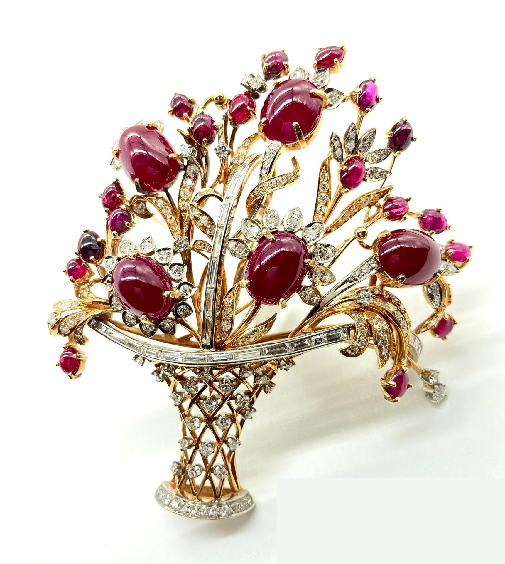 Mixed Cut Large Retro Ruby and Diamond Giardinetti Flower Basket Statement Brooch