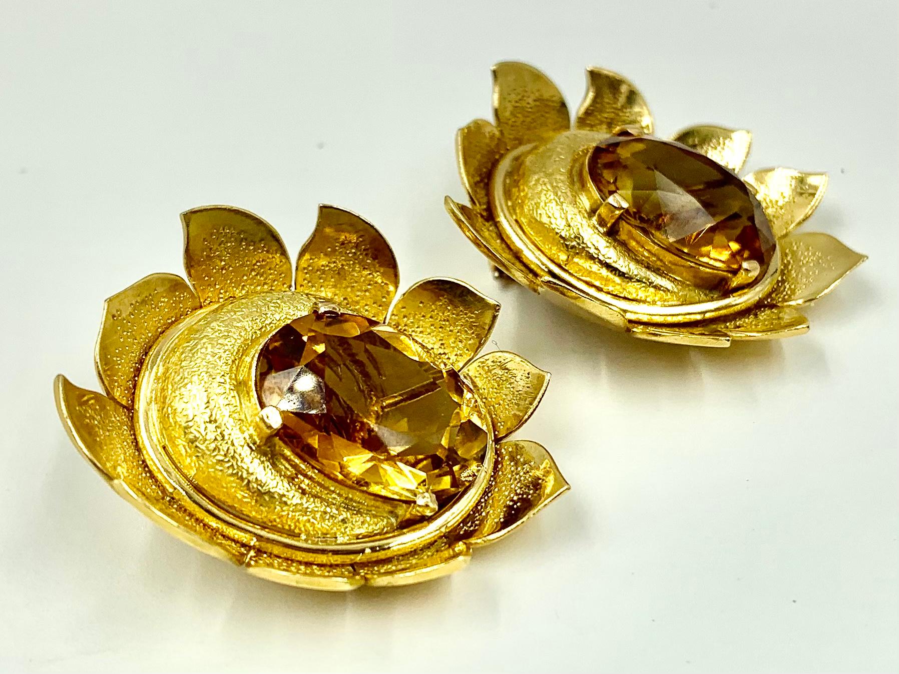 Oval Cut Impressive Estate Textured Flower Form 14K Yellow Gold Citrine Earrings For Sale