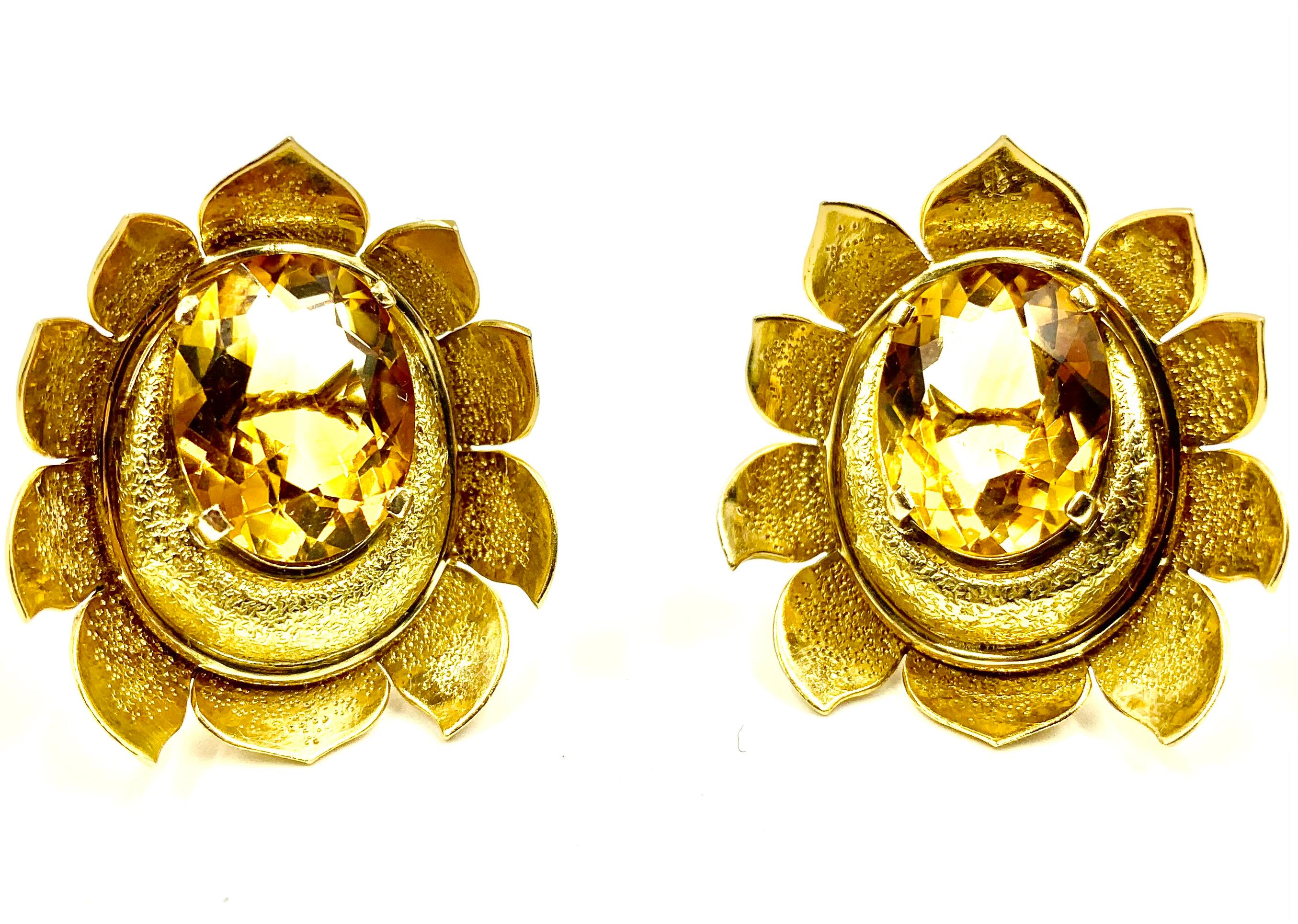 Impressive Estate Textured Flower Form 14K Yellow Gold Citrine Earrings For Sale