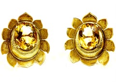 Impressive Estate Textured Flower Form 14K Yellow Gold Citrine Earrings