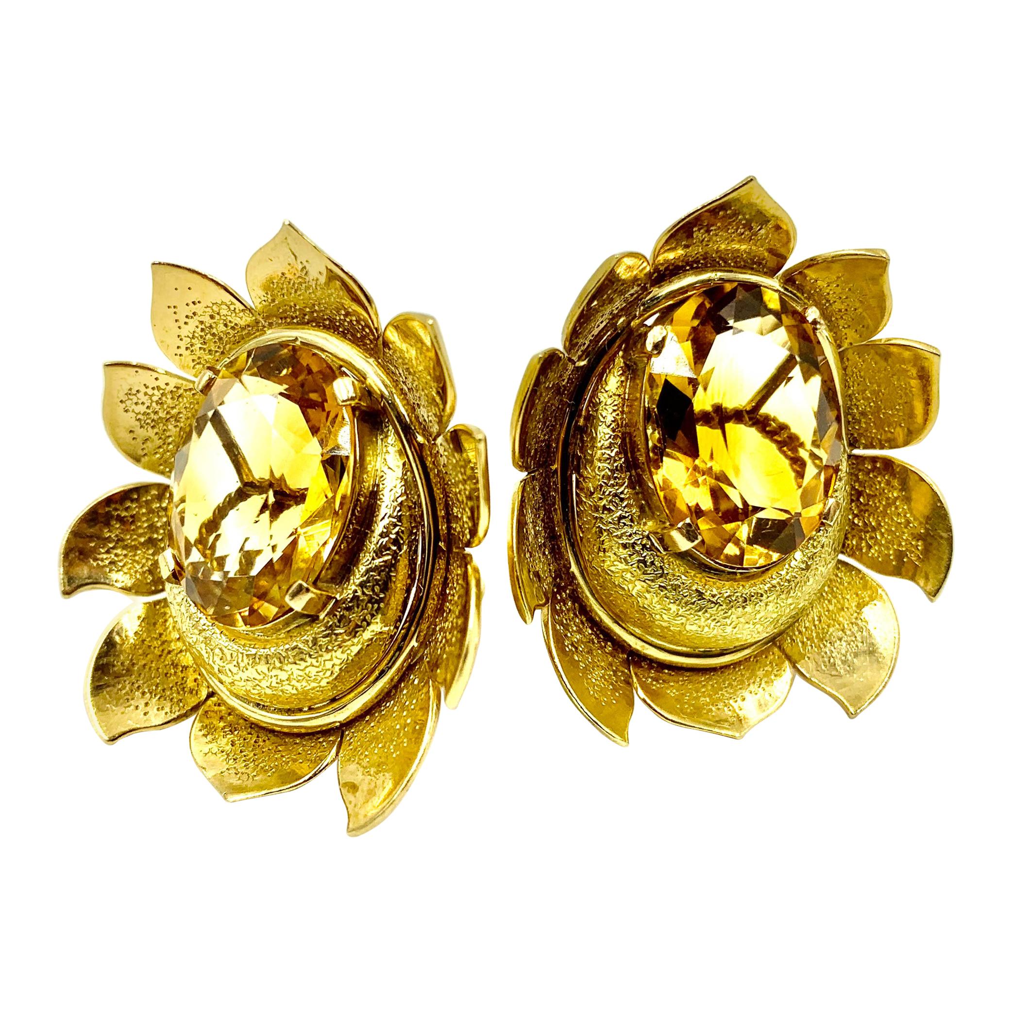 Impressive Estate Textured Flower Form 14K Yellow Gold Citrine Earrings For Sale 1