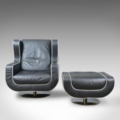 Large, Retro, Vintage, 1980s, Black Leather Armchair and Pouffe, Dondi Salotti