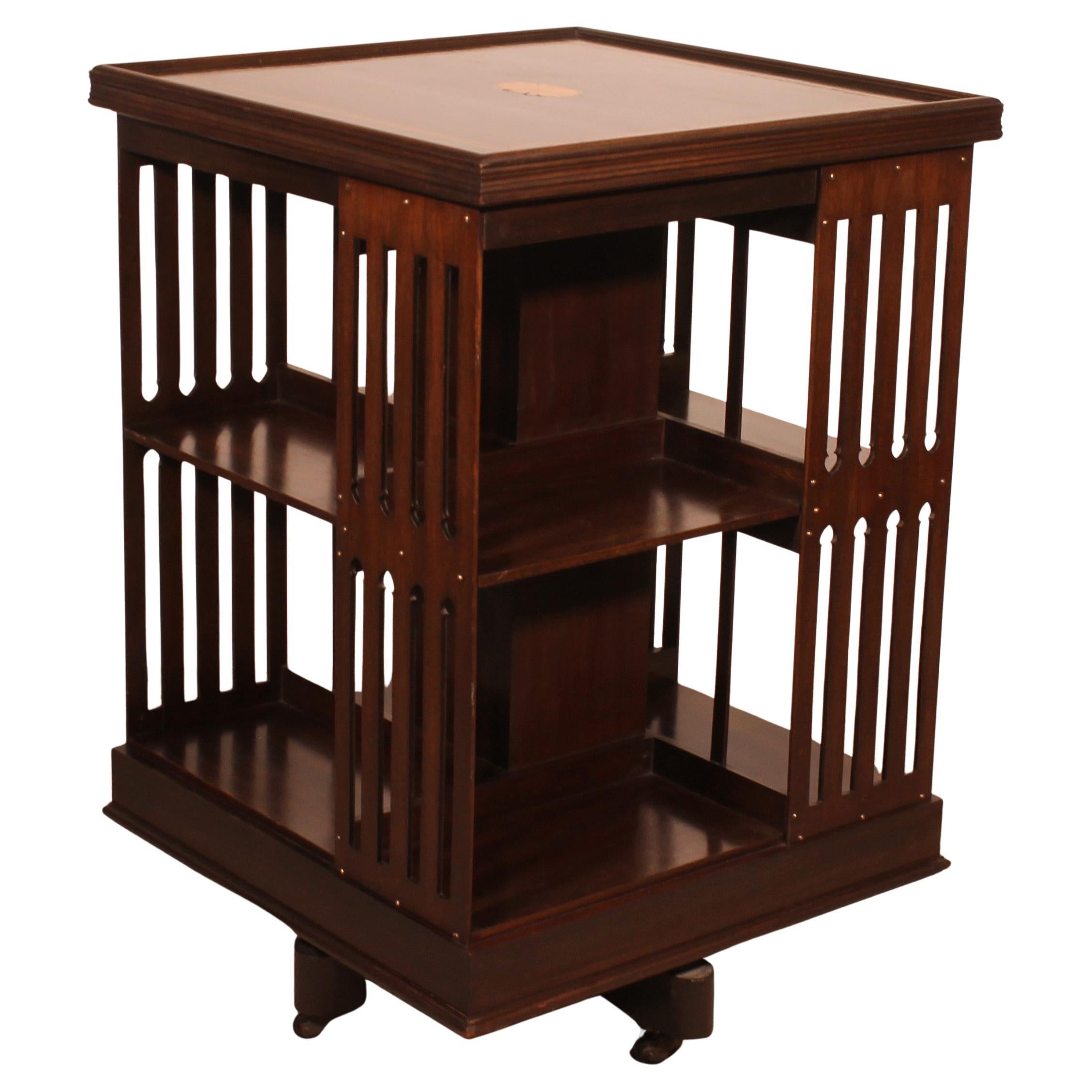 Large Revolving Mahogany Bookcase With Inlays - 19th Century For Sale