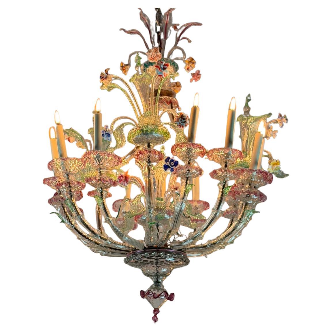 Large Rezzonico Venetian chandelier in multicoloured Murano glass, circa 1920