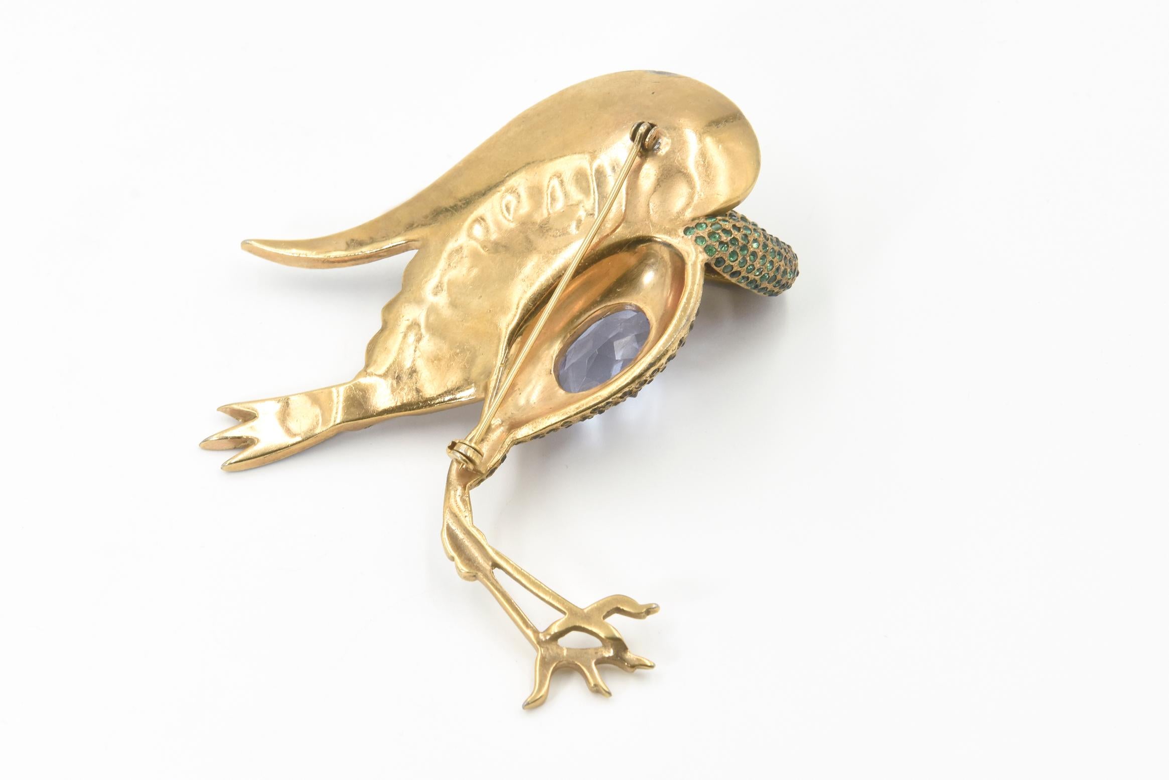 Large Rhinestone Crane Bird Gold Plated Brooch In Good Condition For Sale In Miami Beach, FL