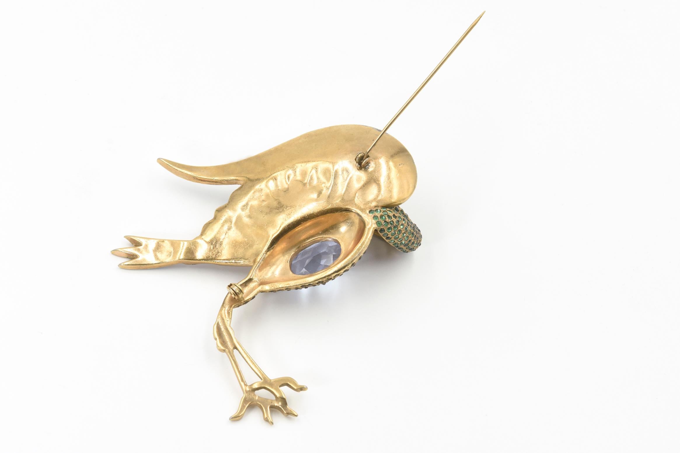 Women's or Men's Large Rhinestone Crane Bird Gold Plated Brooch For Sale