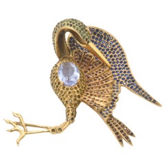 Large Rhinestone Crane Bird Gold Plated Brooch