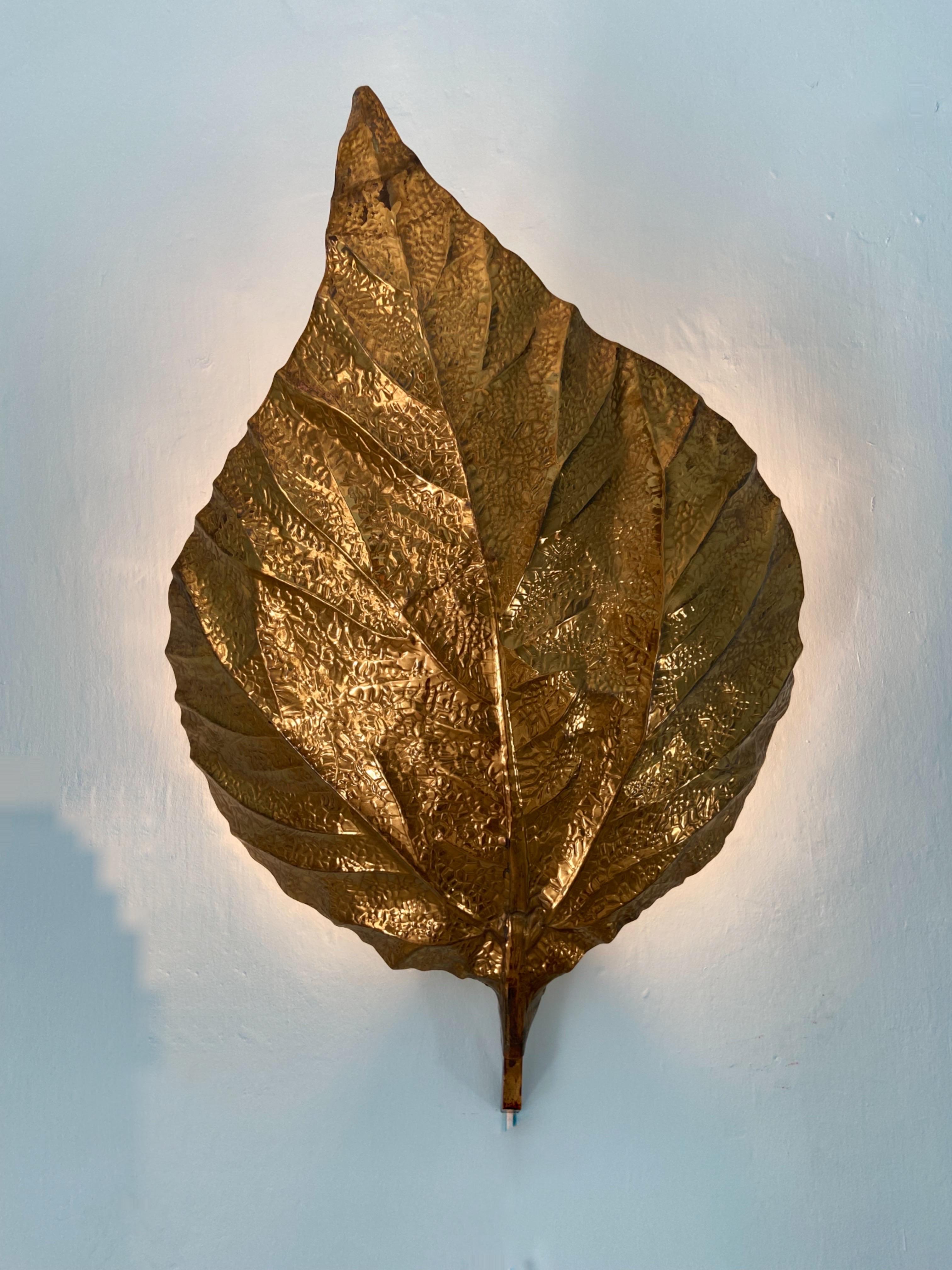 Large Rhubarb Leaf Brass Wall Light or Sconce by Tommaso Barbi, 1970s For Sale 4