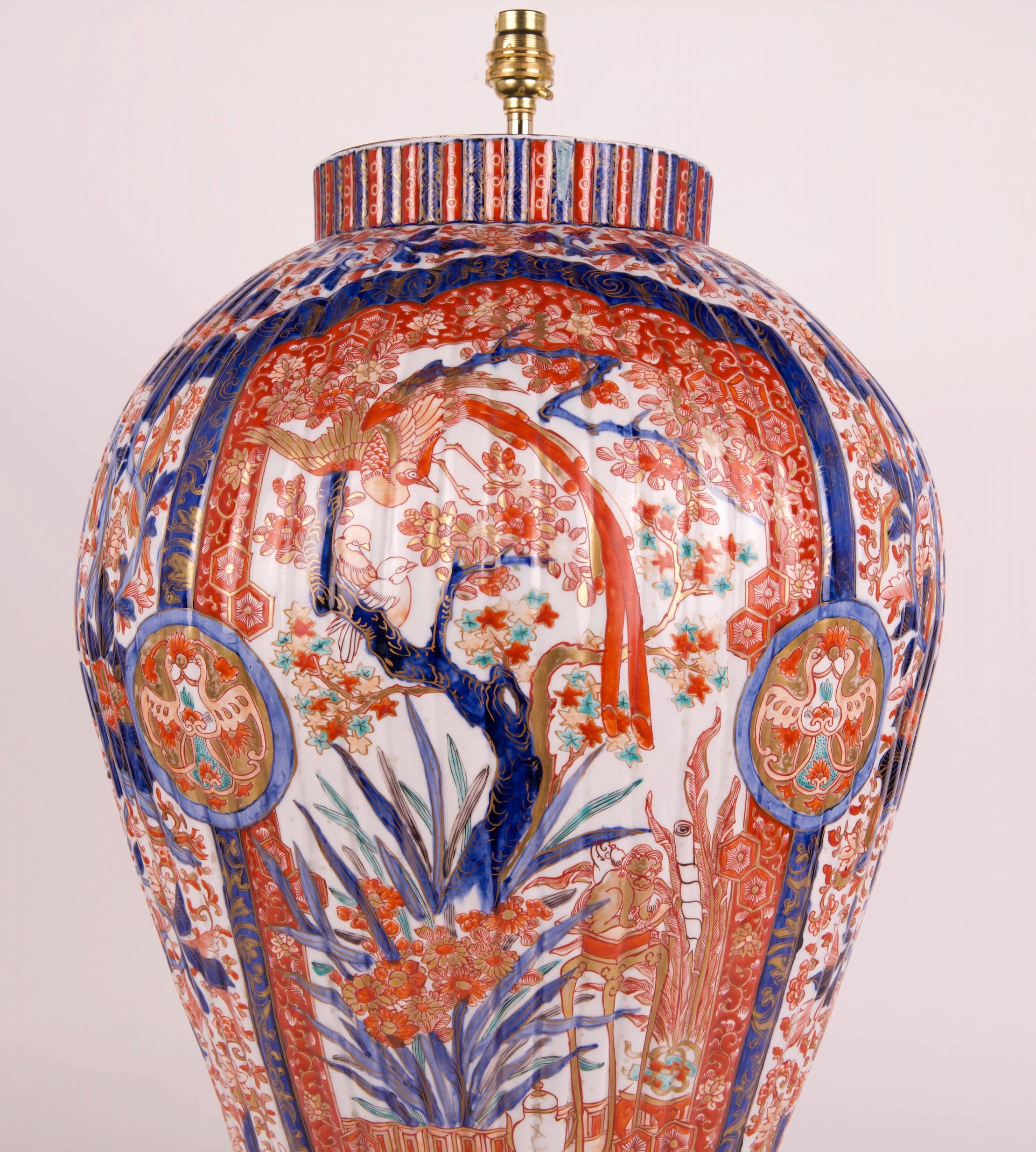 Glazed Large Ribbed 19th Century Japanese Imari Antique Table Lamp