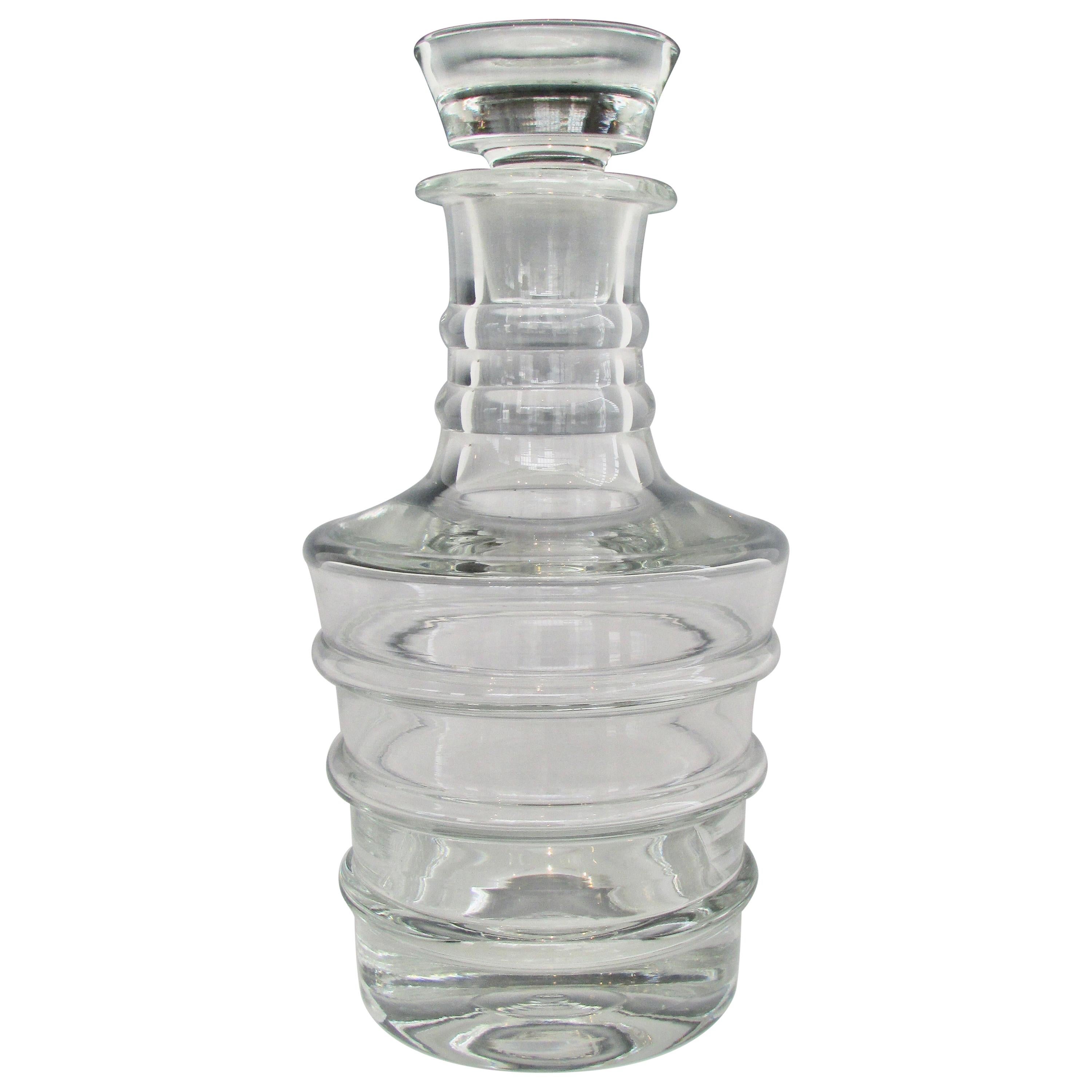 Large Ribbed Clear Glass Decanter with Stopper For Sale