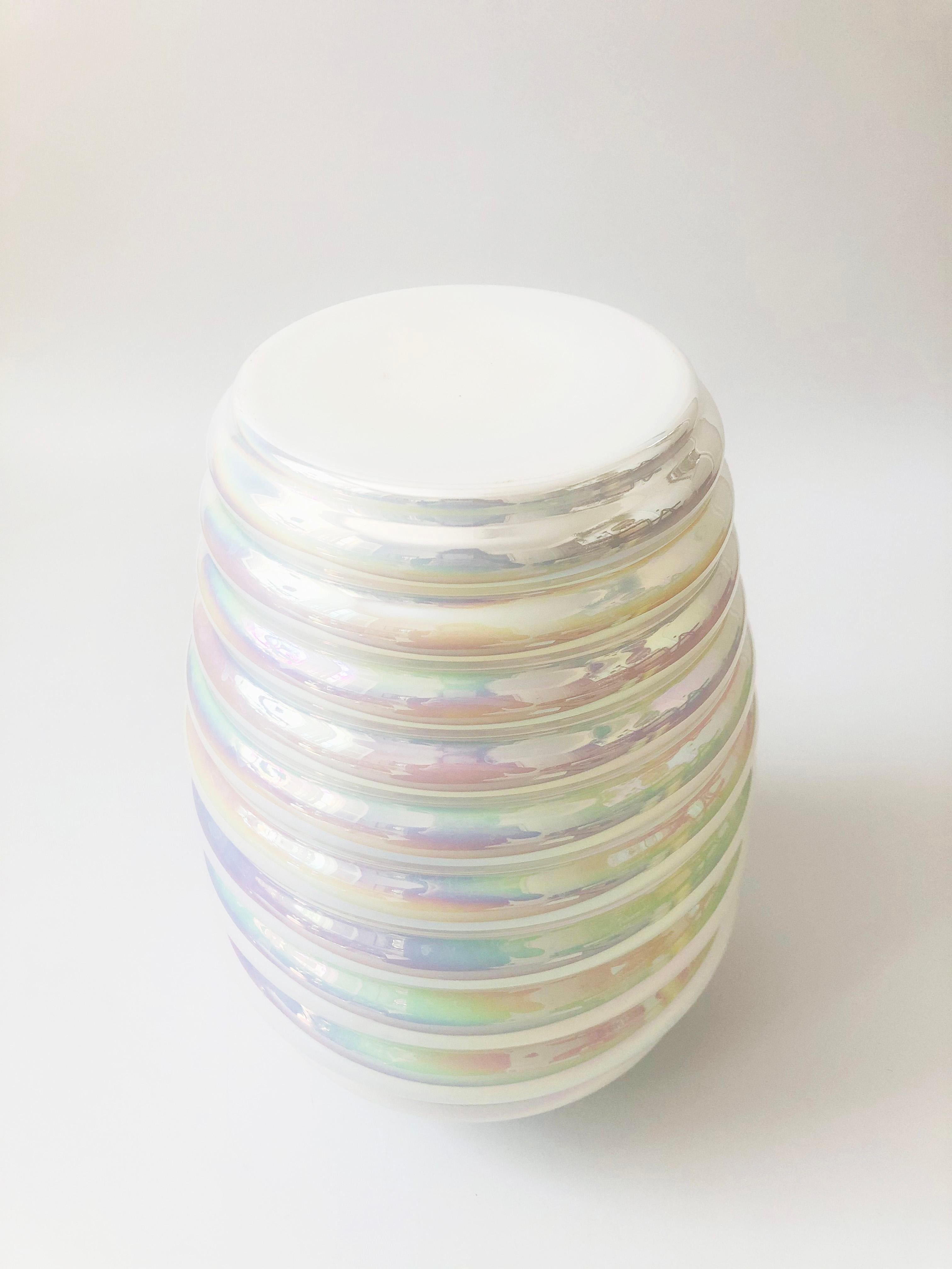 20th Century Large Ribbed White Iridescent Hand Blown Cambridge Glass Vase