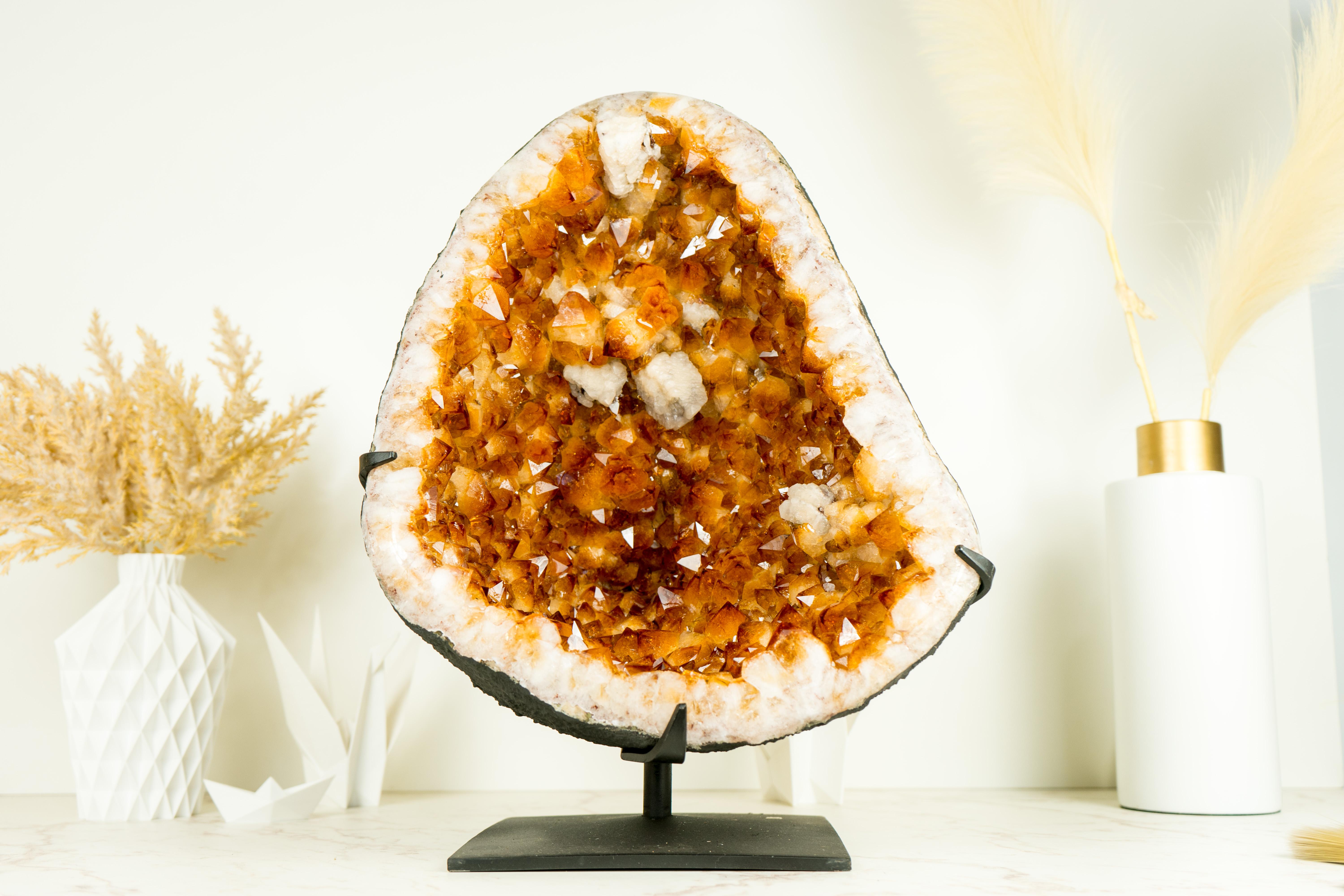 Large Rich Yellow Citrine Geode on Stand with a Delicate Flower For Sale 3