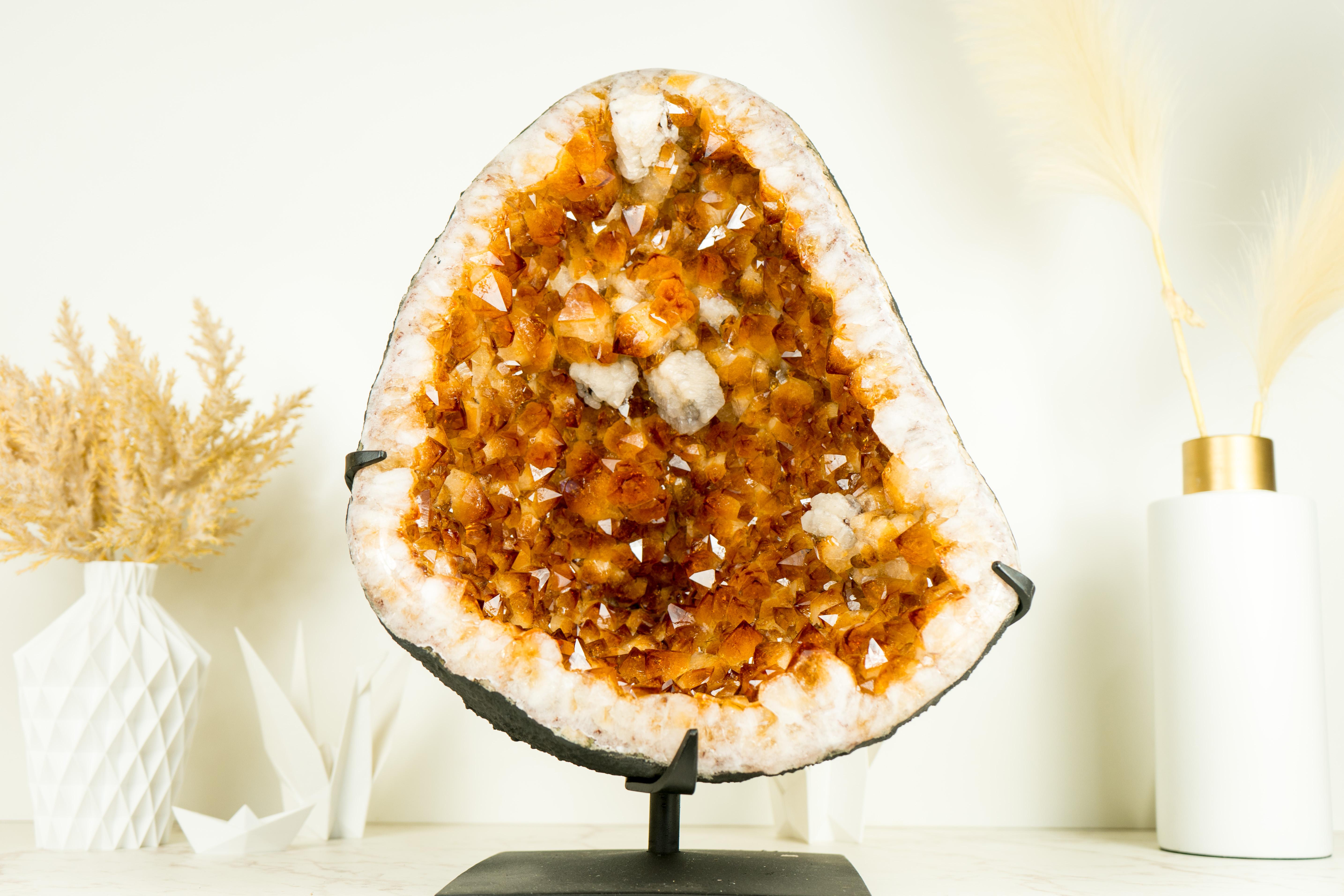 Large Rich Yellow Citrine Geode on Stand with a Delicate Flower For Sale 4