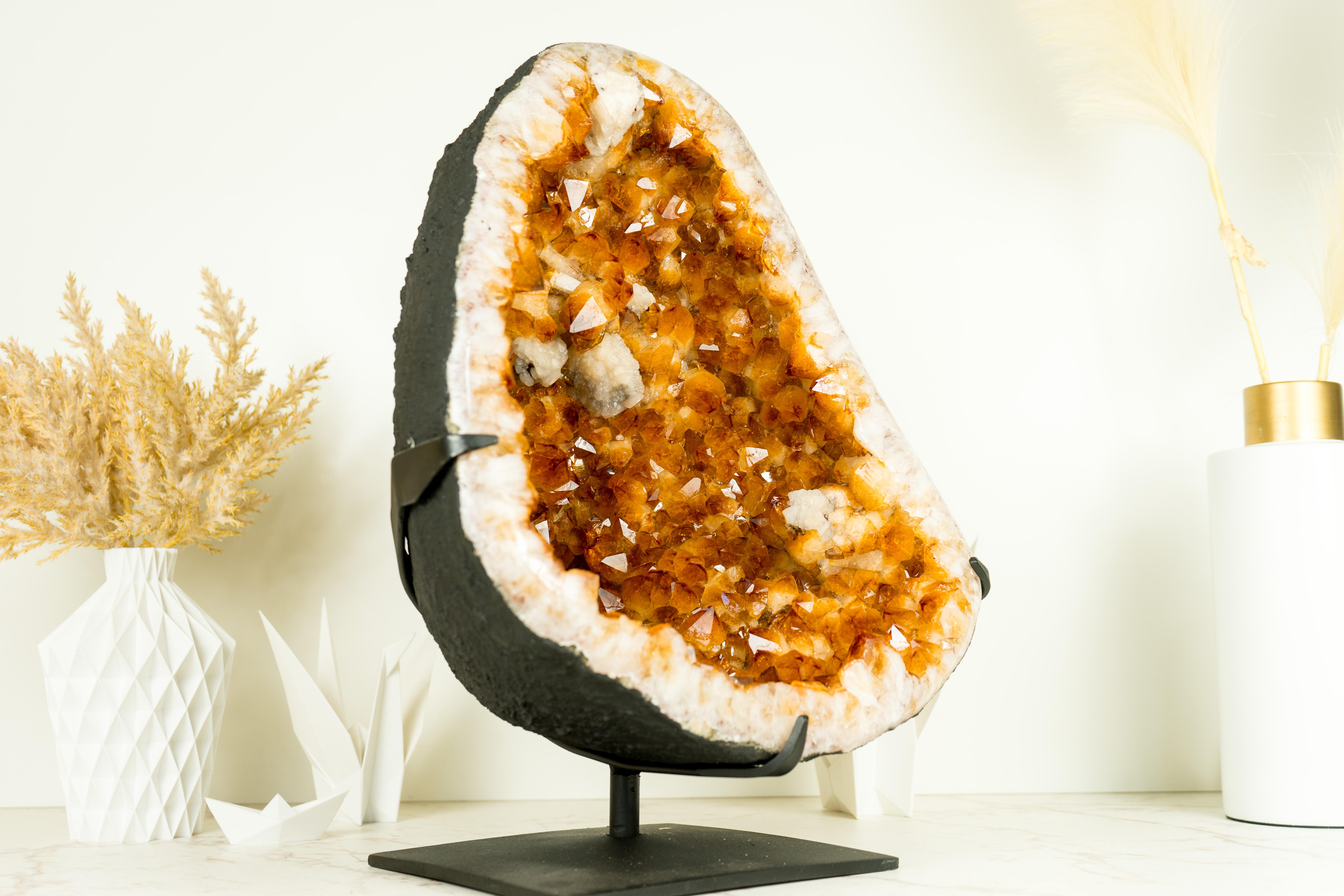 Brazilian Large Rich Yellow Citrine Geode on Stand with a Delicate Flower For Sale
