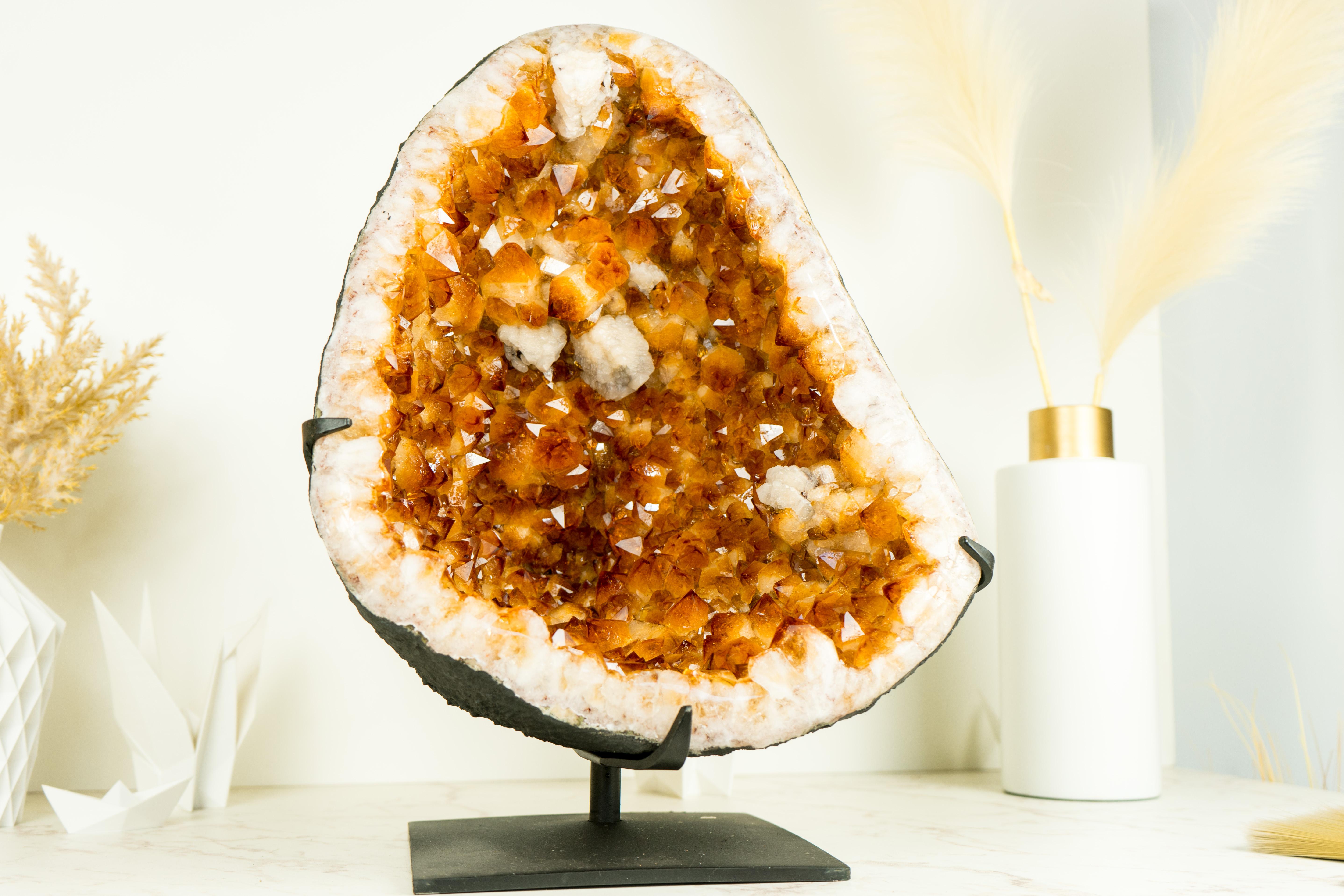 Contemporary Large Rich Yellow Citrine Geode on Stand with a Delicate Flower For Sale