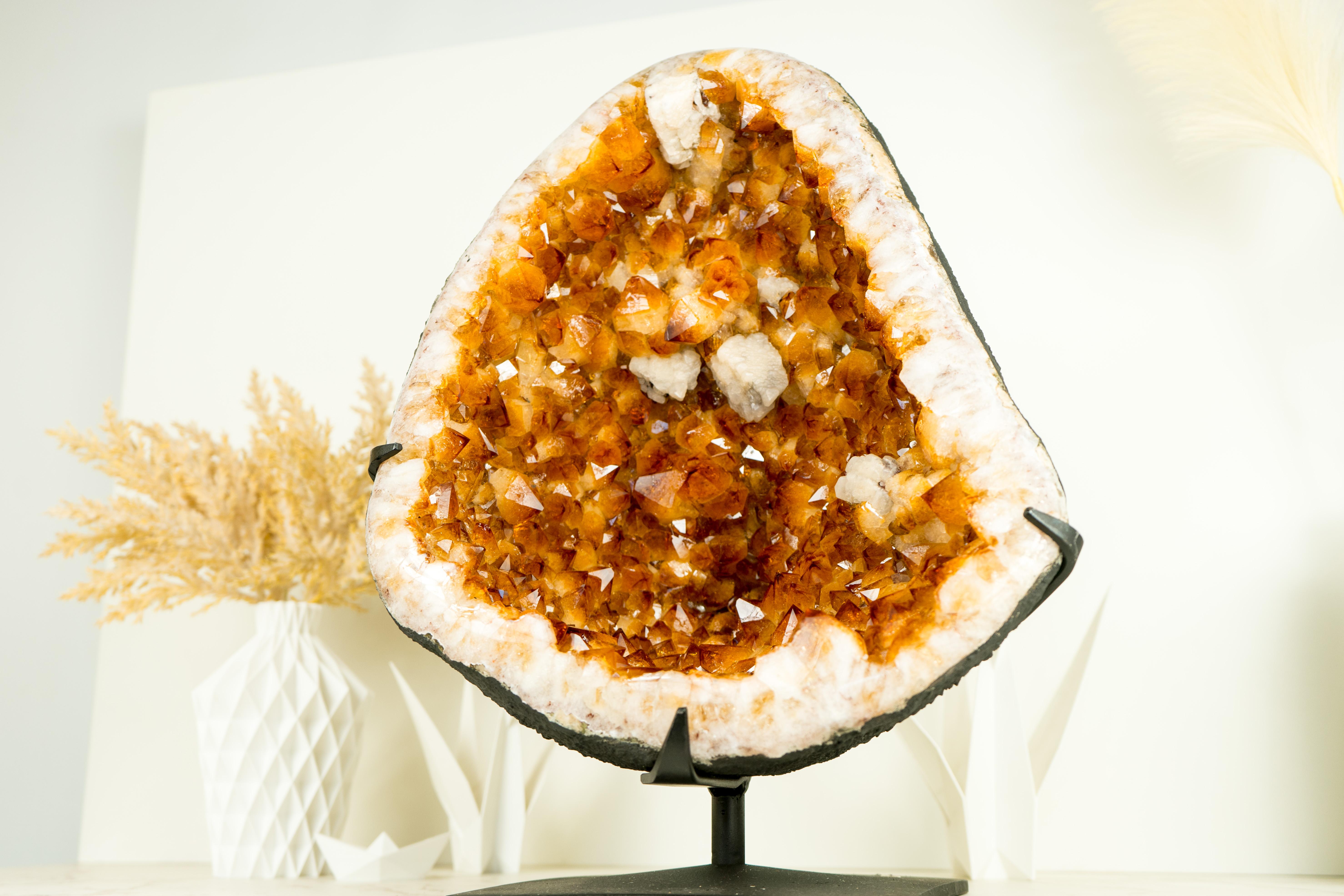 Large Rich Yellow Citrine Geode on Stand with a Delicate Flower For Sale 1