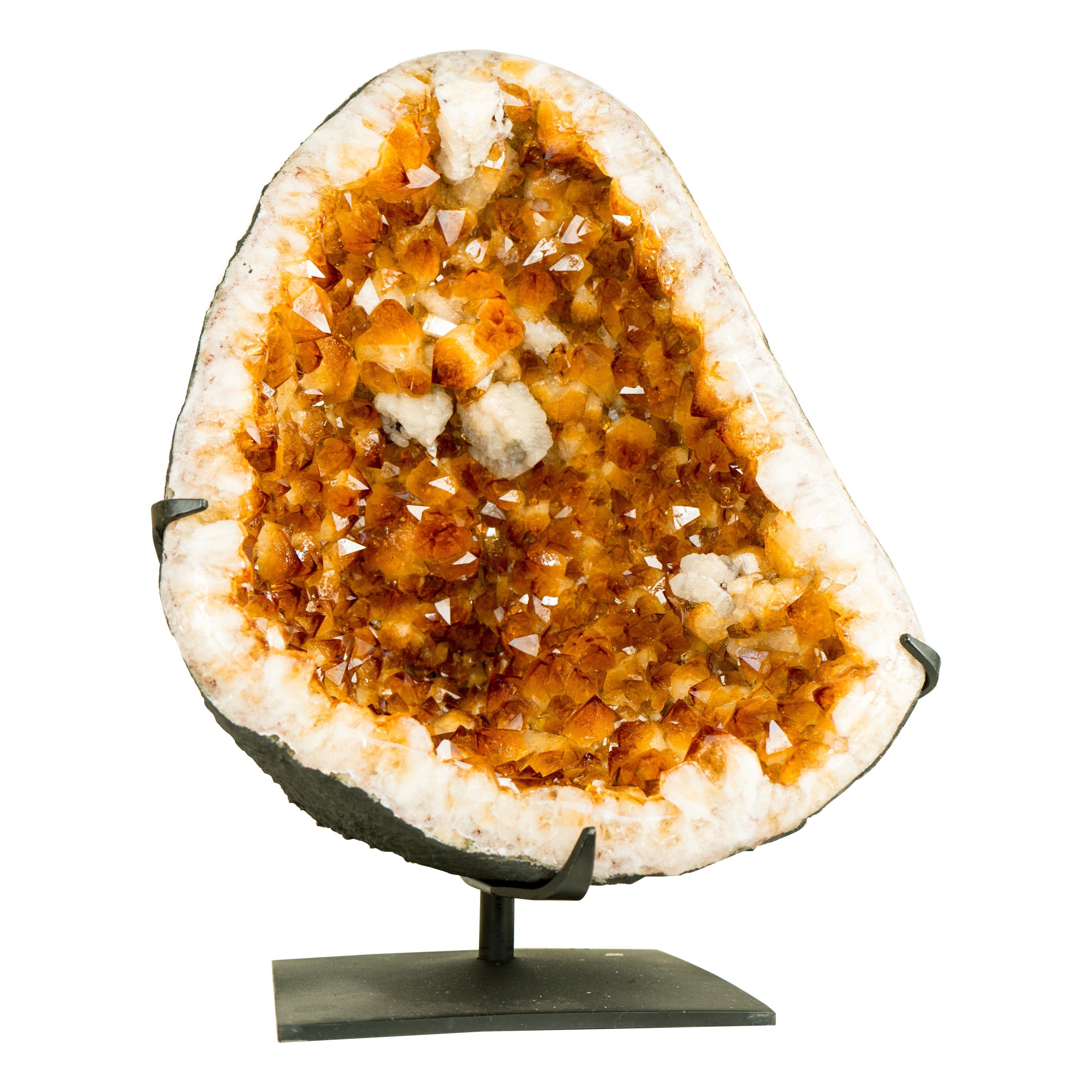 Großer, reichhaltiger gelber Citrin-Geode auf Ständer mit zarter Blume