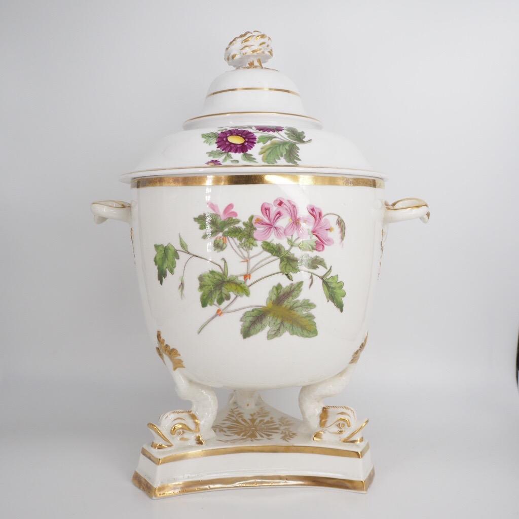 Regency Large Ridgway Ice Pail & Cover on Dolphin Feet, Named Flower Specimens, C.1815 For Sale