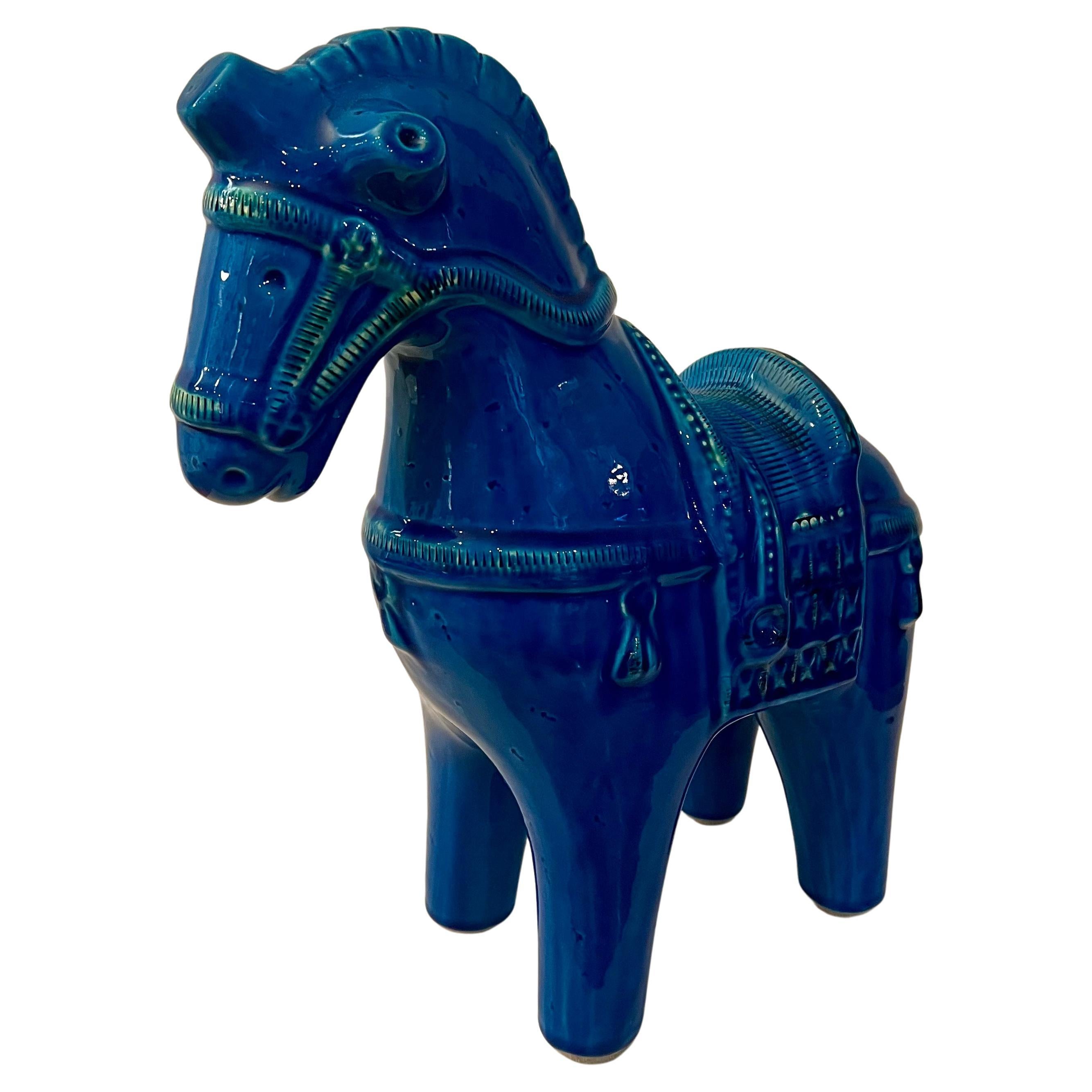 Bellissima scultura classica di cavallo in ceramica blu Rimini di Aldo Londi per Bitossi, Italia, anni '60.
