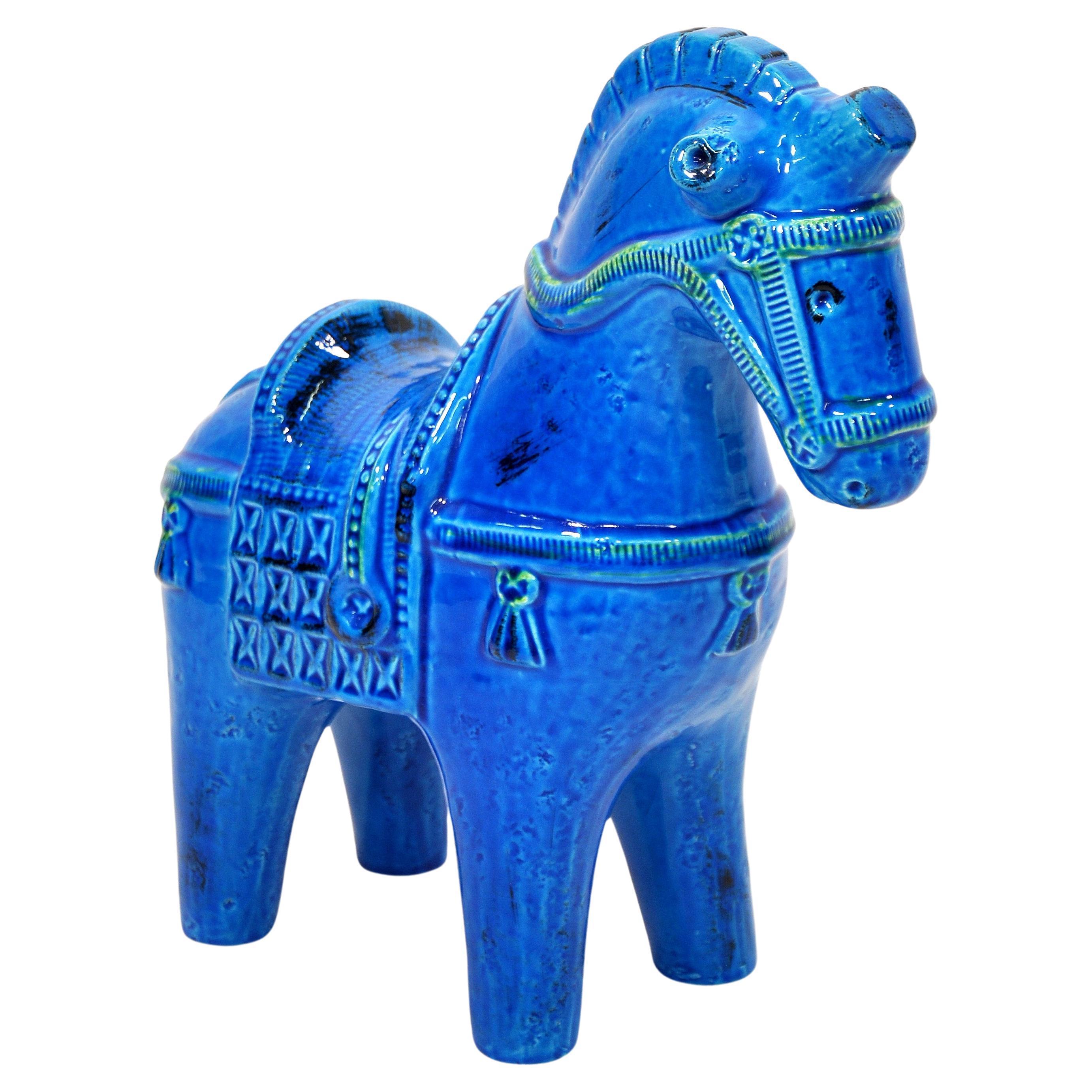 20th Century Large Rimini Blu Ceramic Horses by Aldo Londi for Bitossi, a Pair For Sale