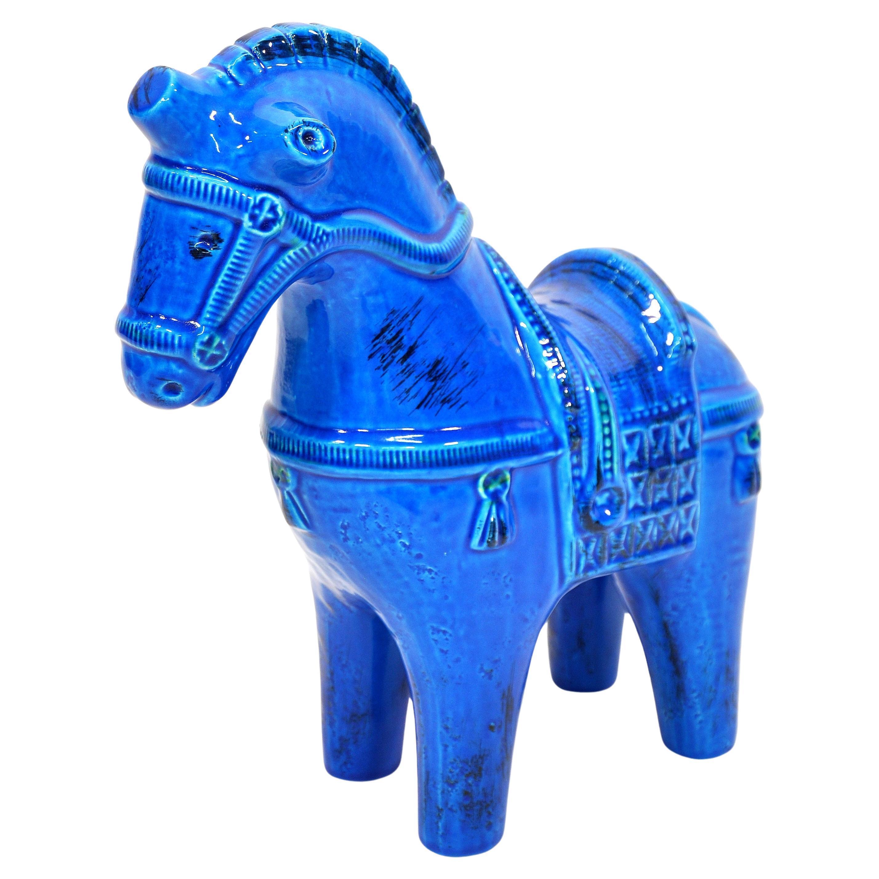 Large Rimini Blu Ceramic Horses by Aldo Londi for Bitossi, a Pair For Sale 1