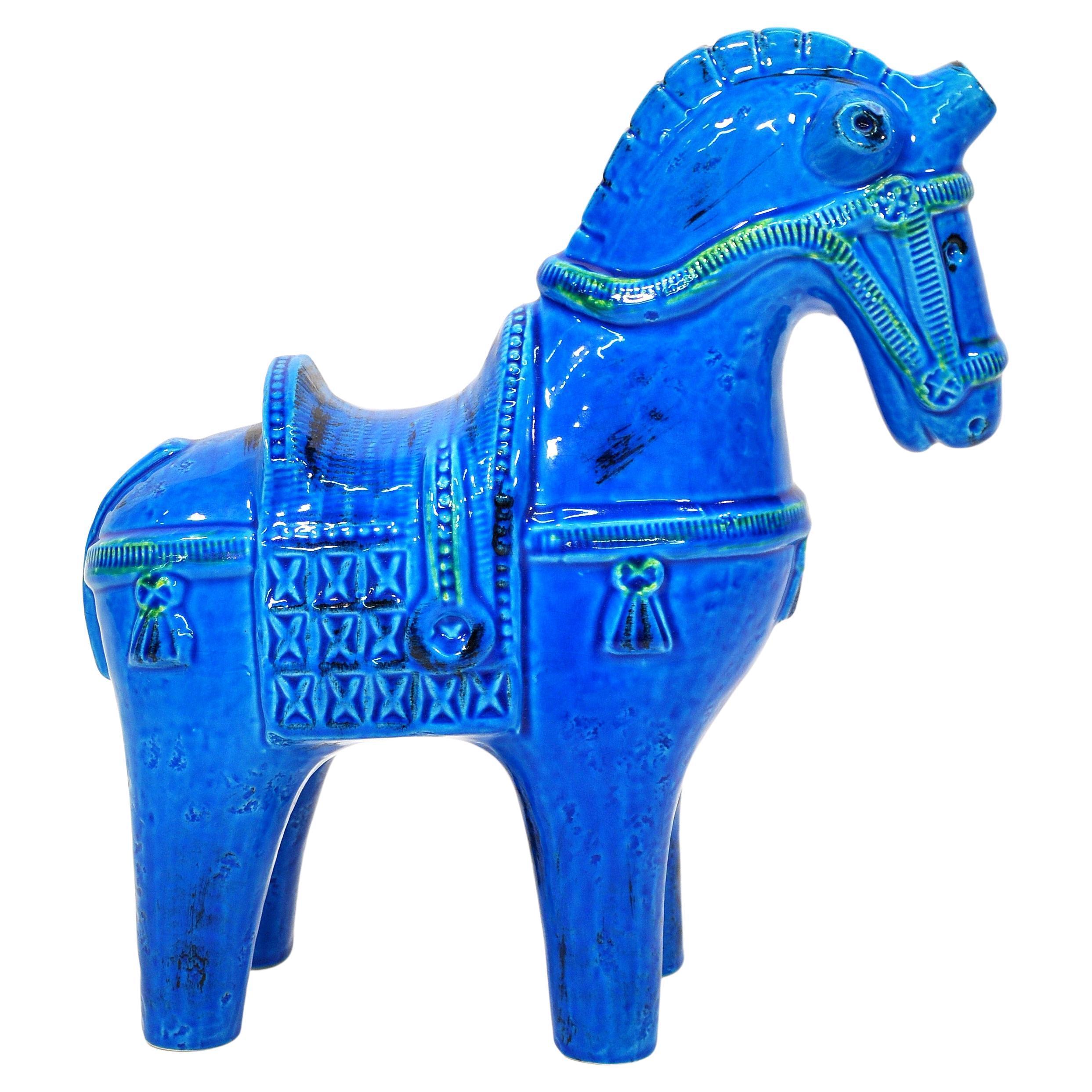 Large Rimini Blu Ceramic Horses by Aldo Londi for Bitossi, a Pair 1