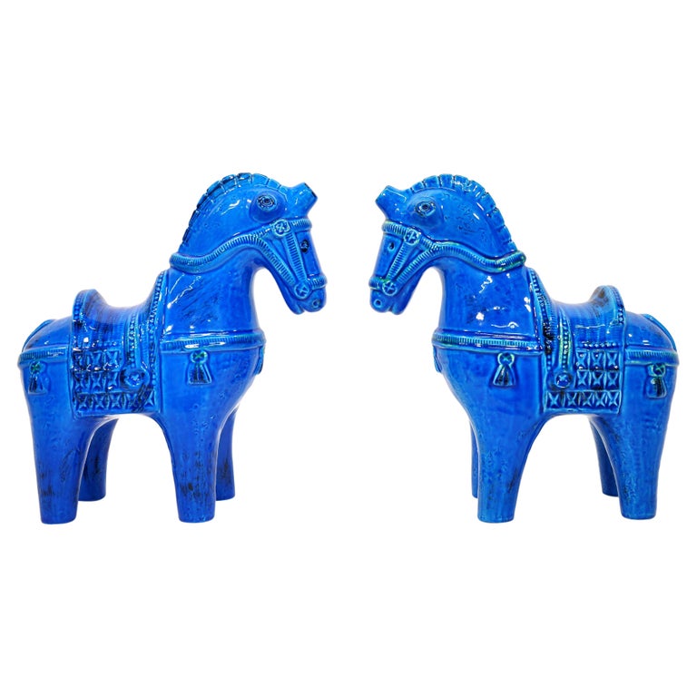 Large Rimini Blu Ceramic Horses by Aldo Londi for Bitossi, a Pair For