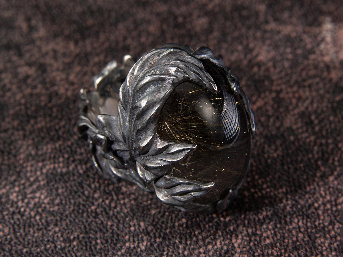 Large Ring Doublet Rutilated Quartz Labradorite Ivy Leaf Nature Inspired Jewels For Sale 5