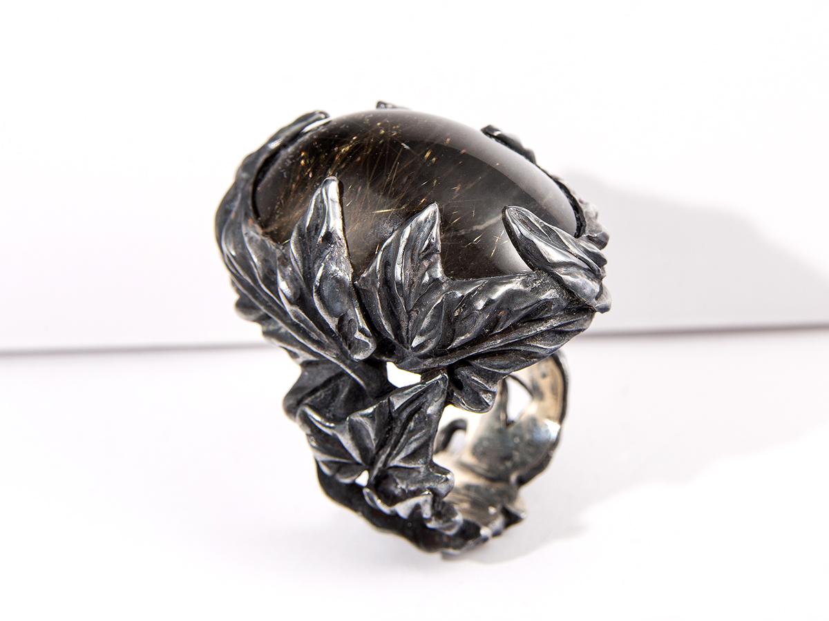 Cabochon Large Ring Doublet Rutilated Quartz Labradorite Ivy Leaf Nature Inspired Jewels For Sale