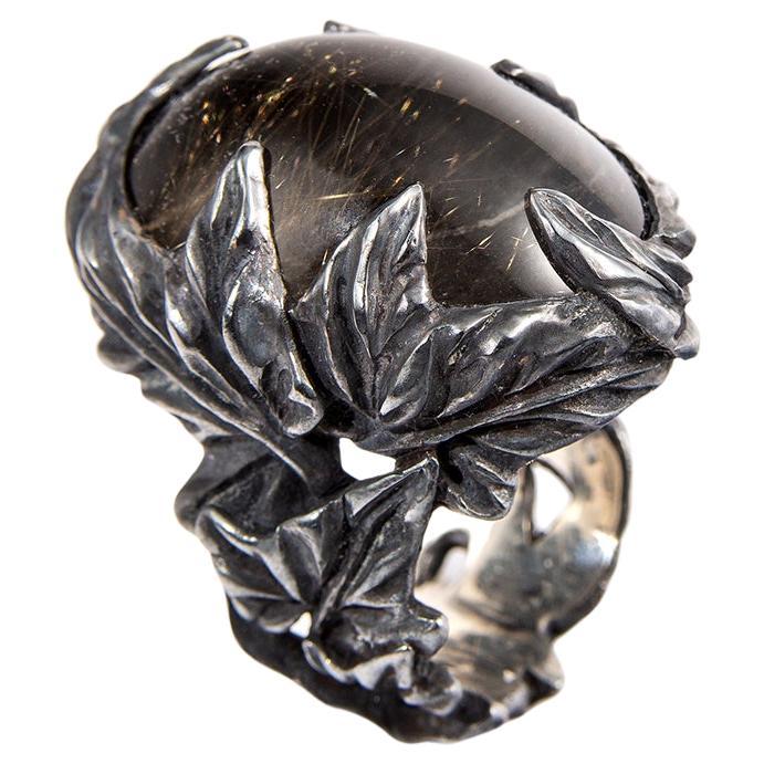 Large Ring Doublet Rutilated Quartz Labradorite Ivy Leaf Nature Inspired Jewels For Sale