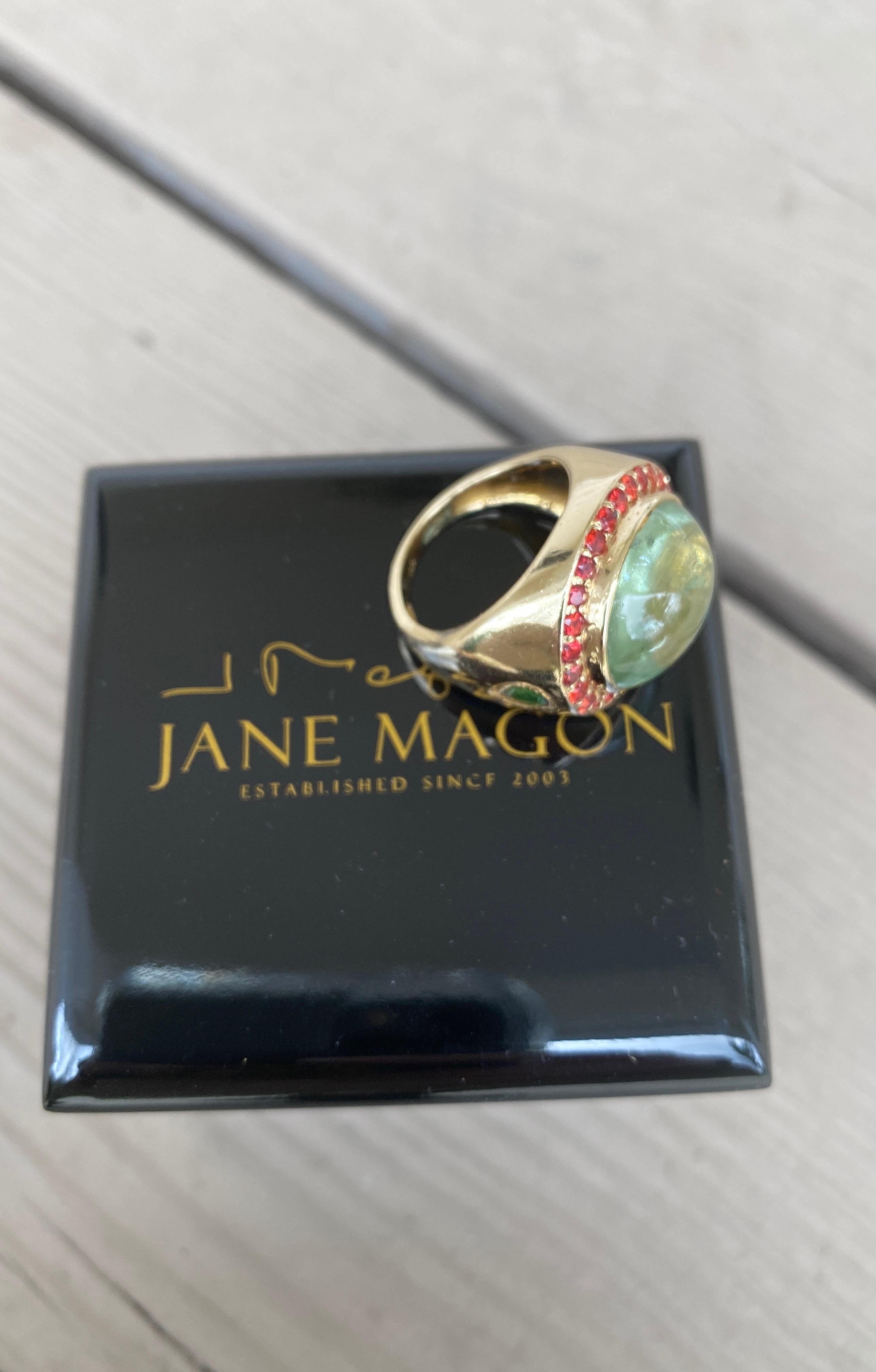 Jane Magon's Large Green Beryl and Orange Sapphire 14 Karat Gold Ring For Sale 4