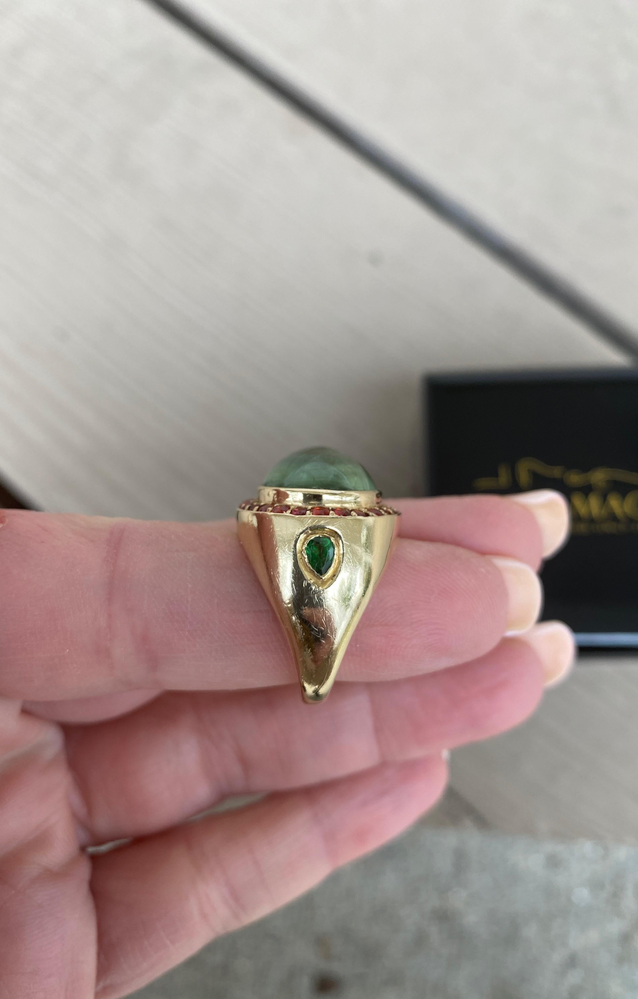 Jane Magon's Large Green Beryl and Orange Sapphire 14 Karat Gold Ring For Sale 5