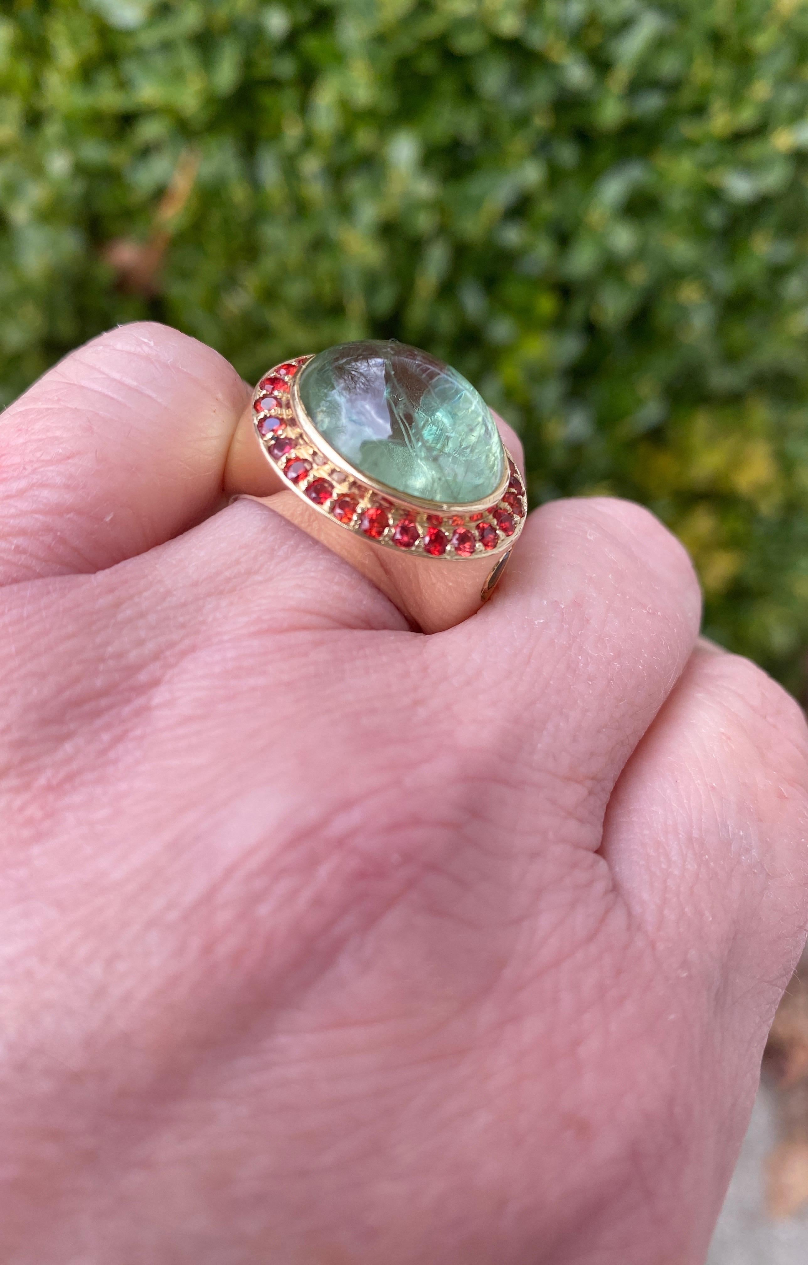 Women's Jane Magon's Large Green Beryl and Orange Sapphire 14 Karat Gold Ring For Sale