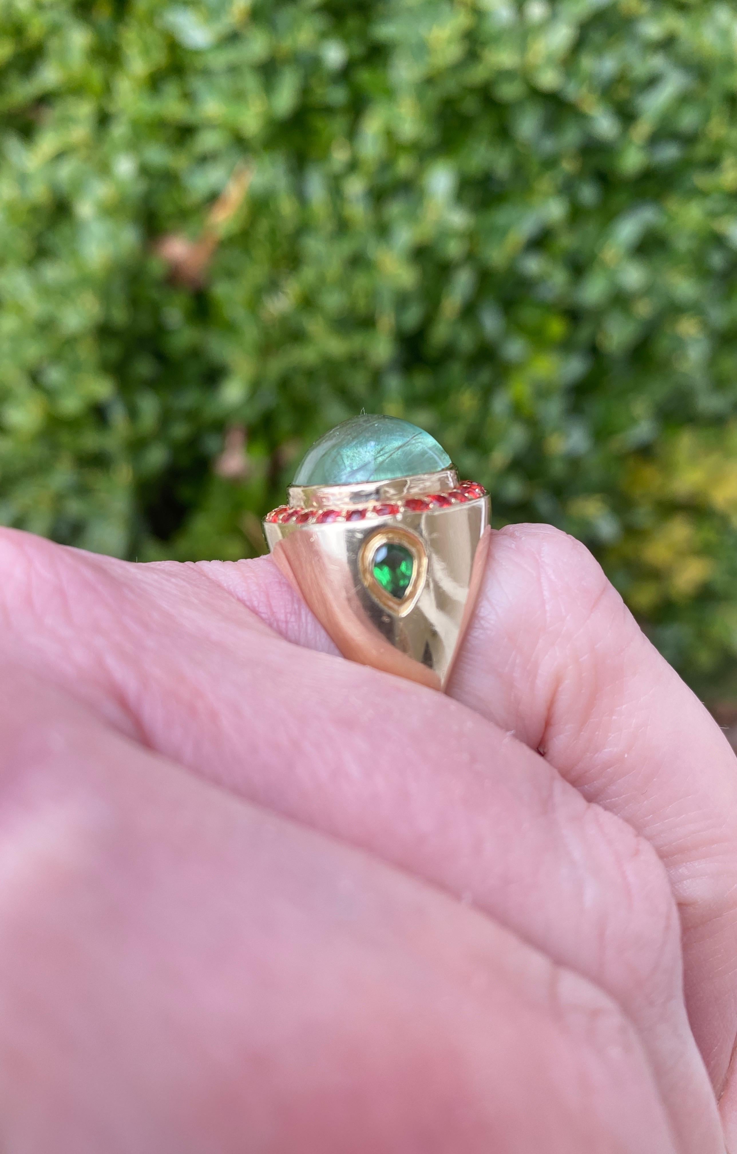 Jane Magon's Large Green Beryl and Orange Sapphire 14 Karat Gold Ring For Sale 1
