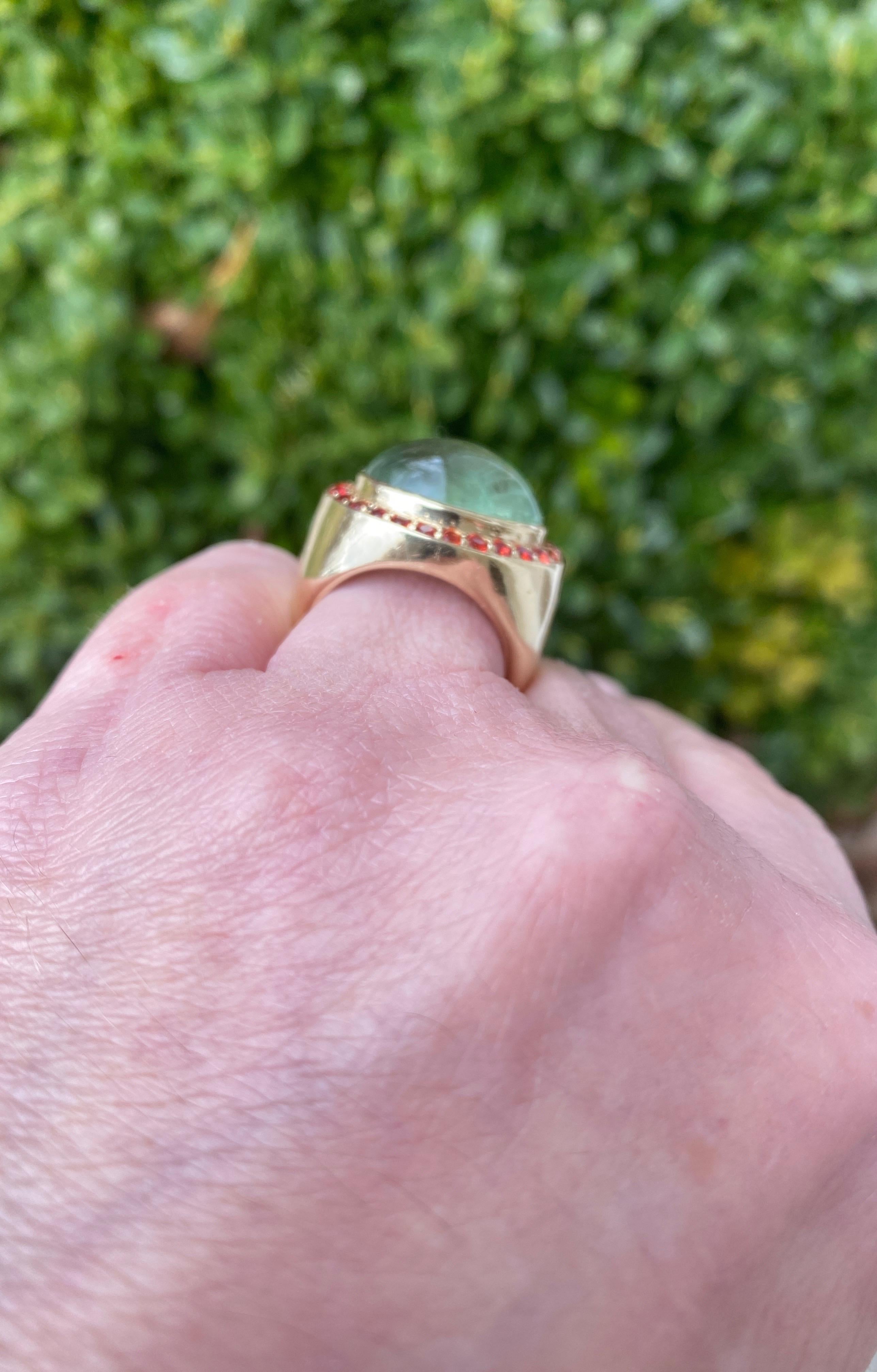 Jane Magon's Large Green Beryl and Orange Sapphire 14 Karat Gold Ring For Sale 2