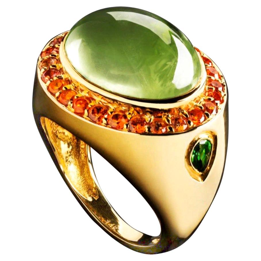 Jane Magon's Large Green Beryl and Orange Sapphire 14 Karat Gold Ring For Sale