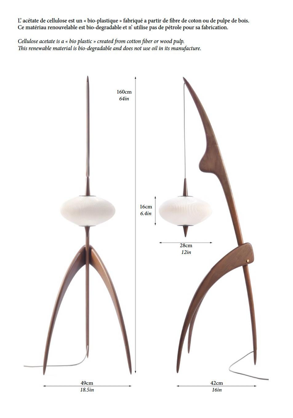 Large Rispal 'Praying Mantis' sculptural floor lamp in American walnut. The iconic model #14.950 was originally designed in 1950 by François Rispal. This newly produced authorized re-edition is executed in richly grained American walnut with a