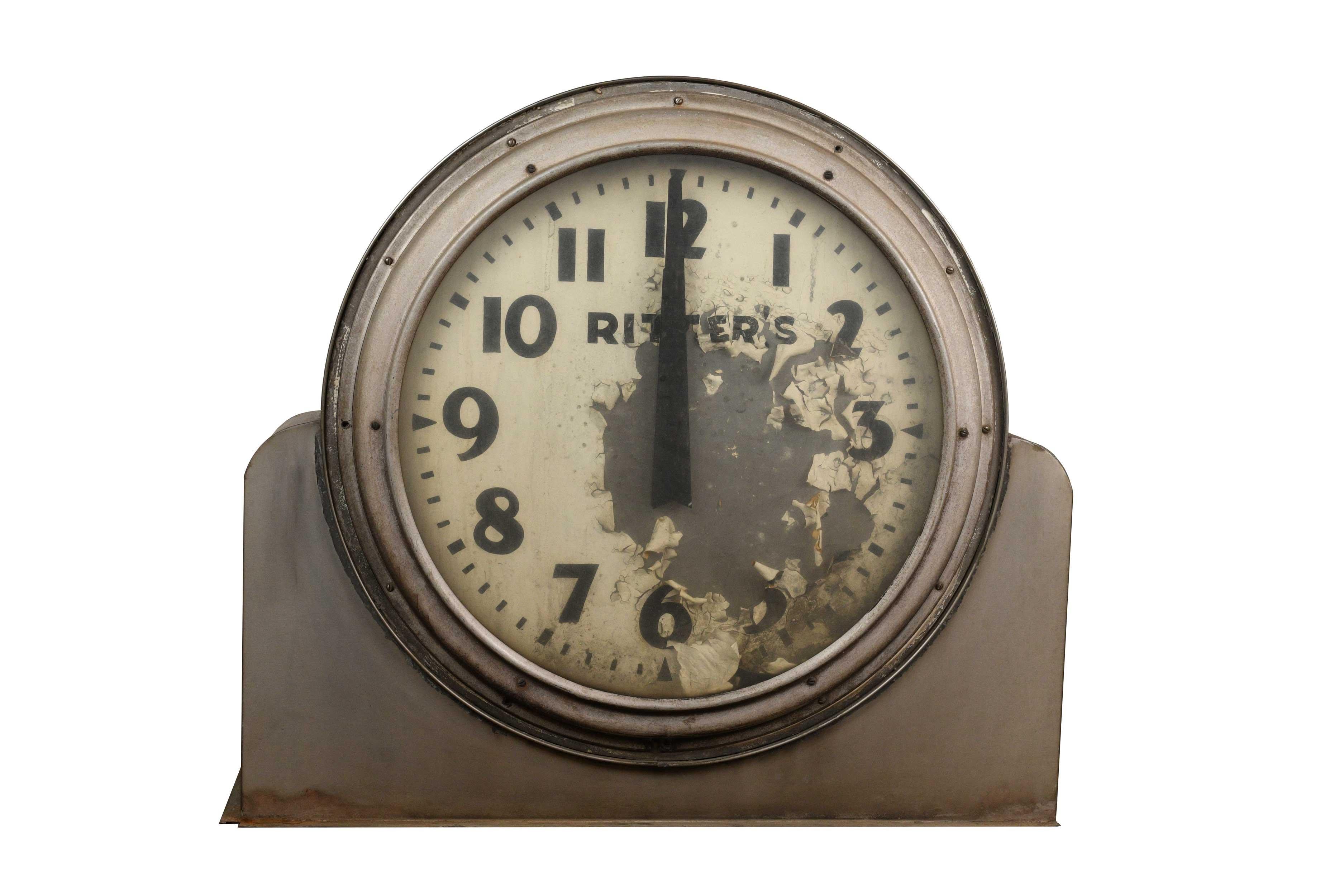 Large industrial analog clock with electrical wiring. Glass covers the face of the metal clock, which has original finish. Signs of wear and tear on the interior backing. Currently non-functioning, 

circa 1950
Condition: Fair
Finish: